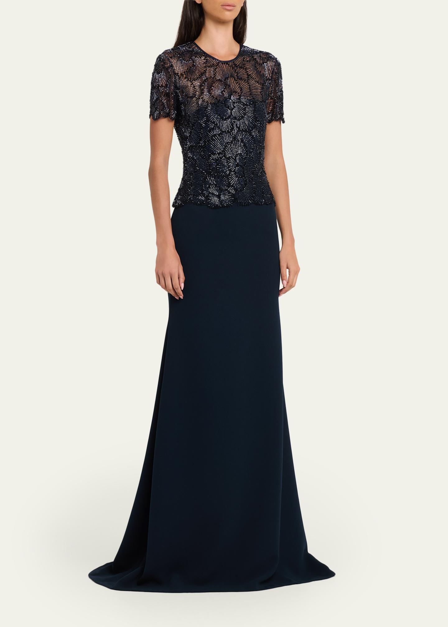 naeem khan beaded dress Bodice Cap-Sleeve Fit-And-Flare Crepe Gown, BLUE, Women's, 4 Mesh Dress A Blerd Halloween: 30 Sleeve:36/37 scalloped waist
