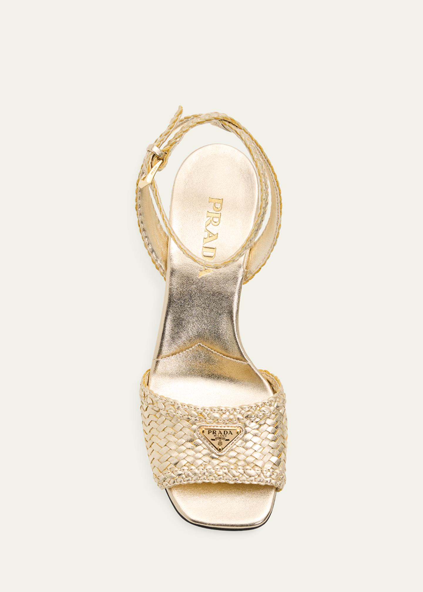 Prada 65mm Madras Woven Metallic Leather Ankle-Strap Sandals