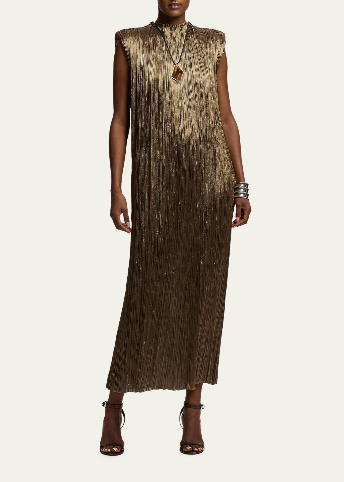 Ralph Lauren Collection Virna Pleated Lamé Cocktail Dress, Antique Brown, Women's, 2