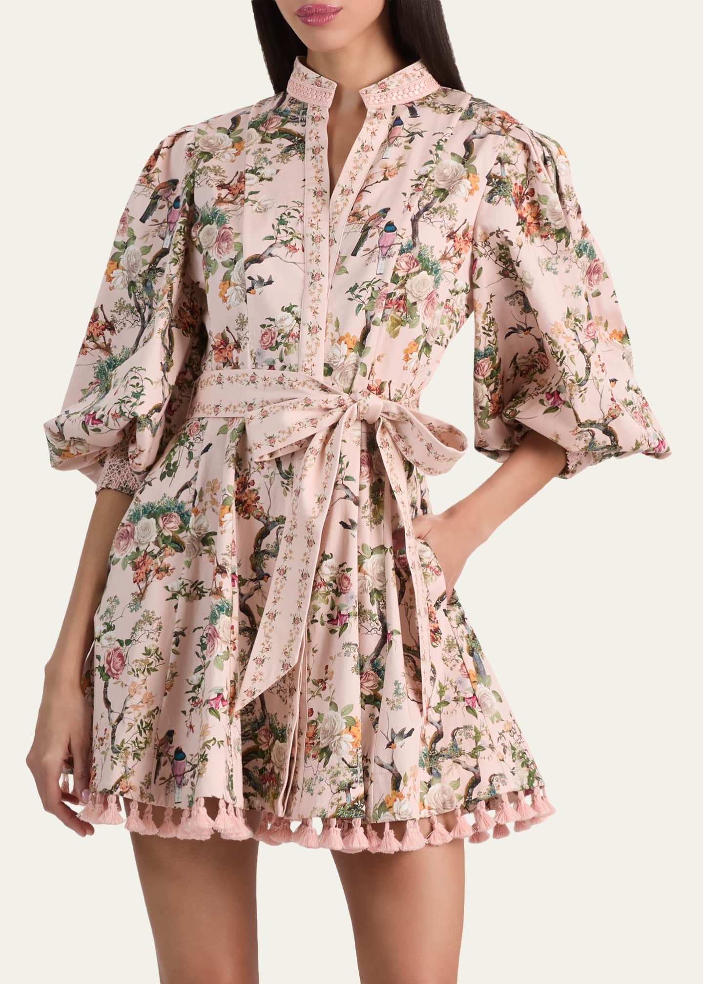 lucy shirt dress Alice + Olivia Lucy Embroidered Longsleeve Mini Shirt Dress With Tie Belt in White