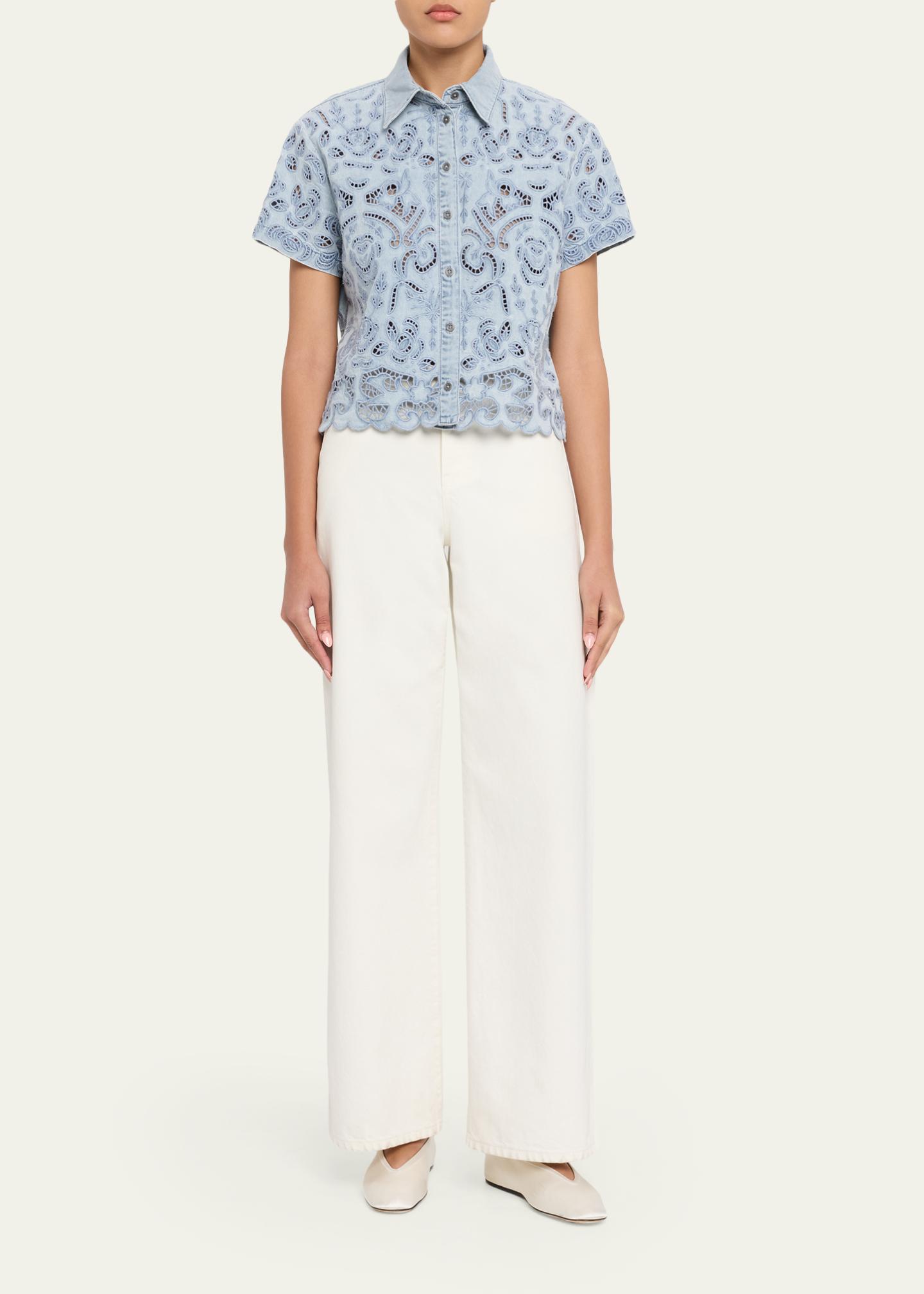 ALICE + OLIVIA Lane Embroidered Denim Button-Front Shirt 