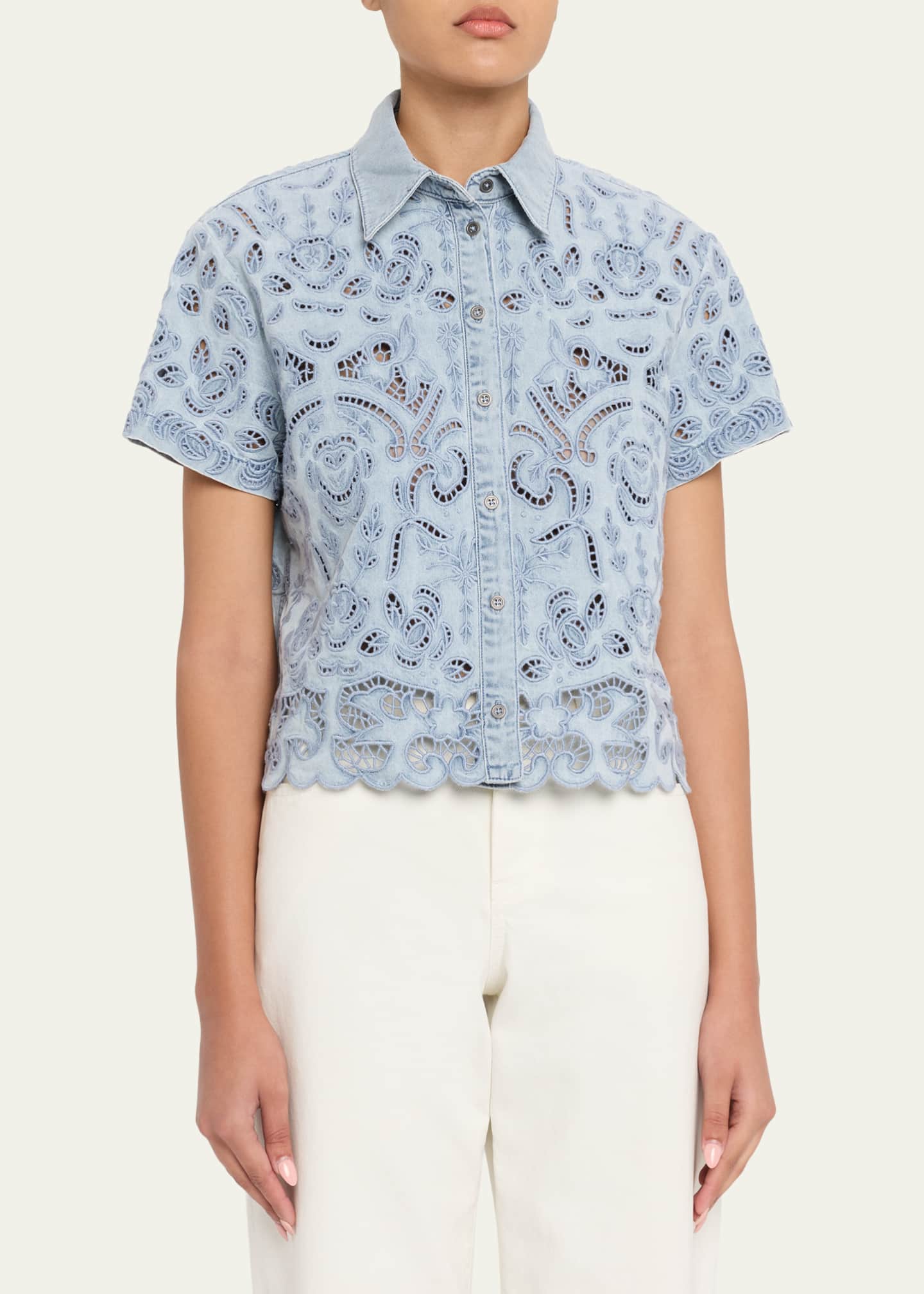 ALICE + OLIVIA Lane Embroidered Denim Button-Front Shirt
