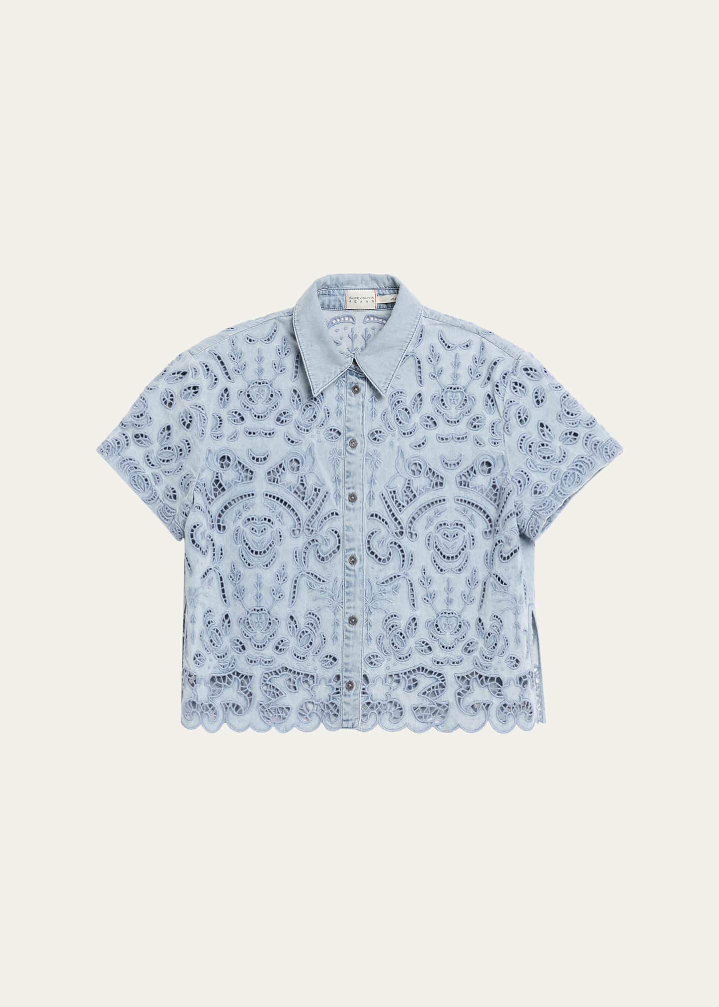 ALICE + OLIVIA Lane Embroidered Denim Button-Front Shirt