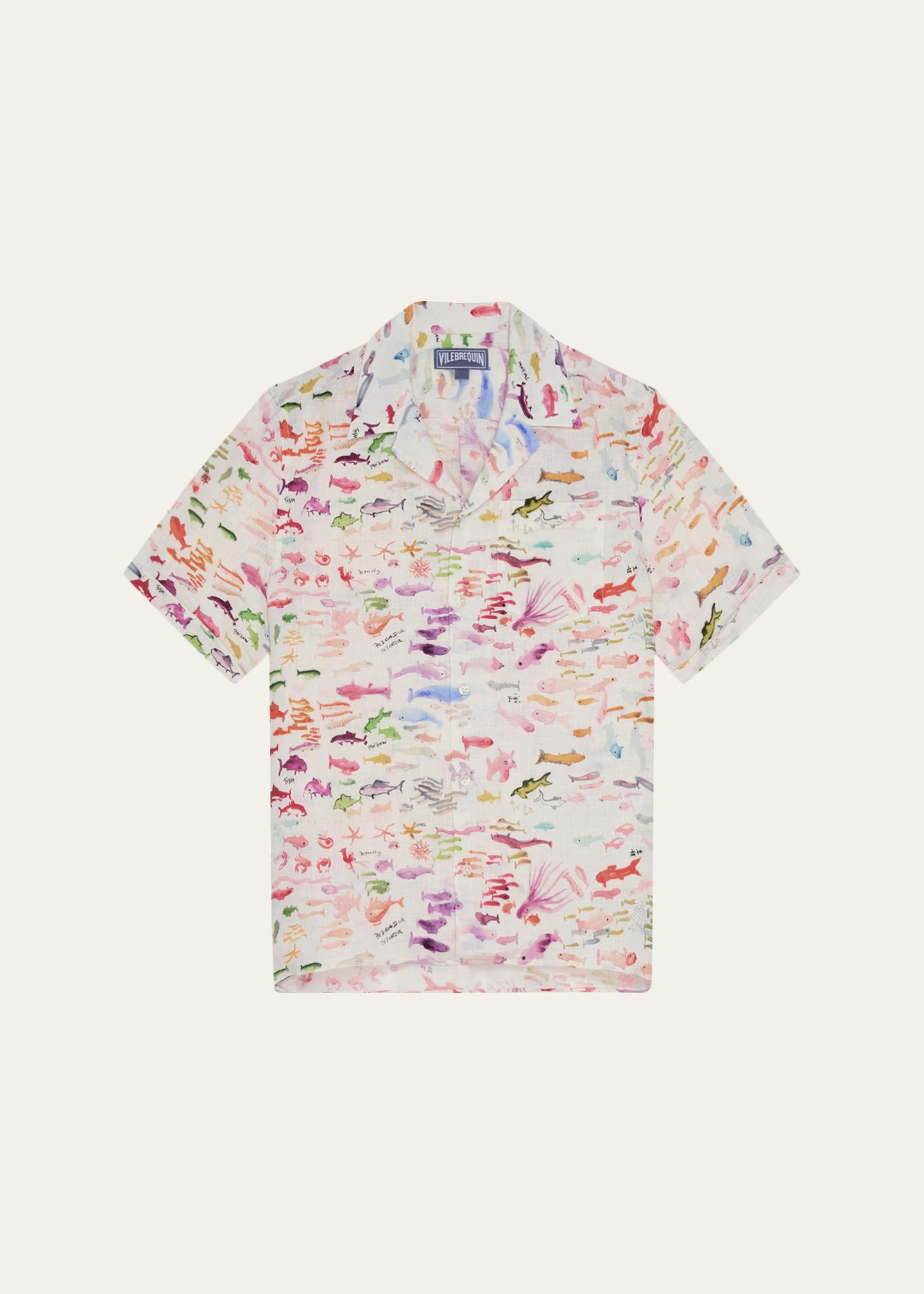 Vilebrequin x Fabrice Hyber Men's Pescador Linen Camp Shirt