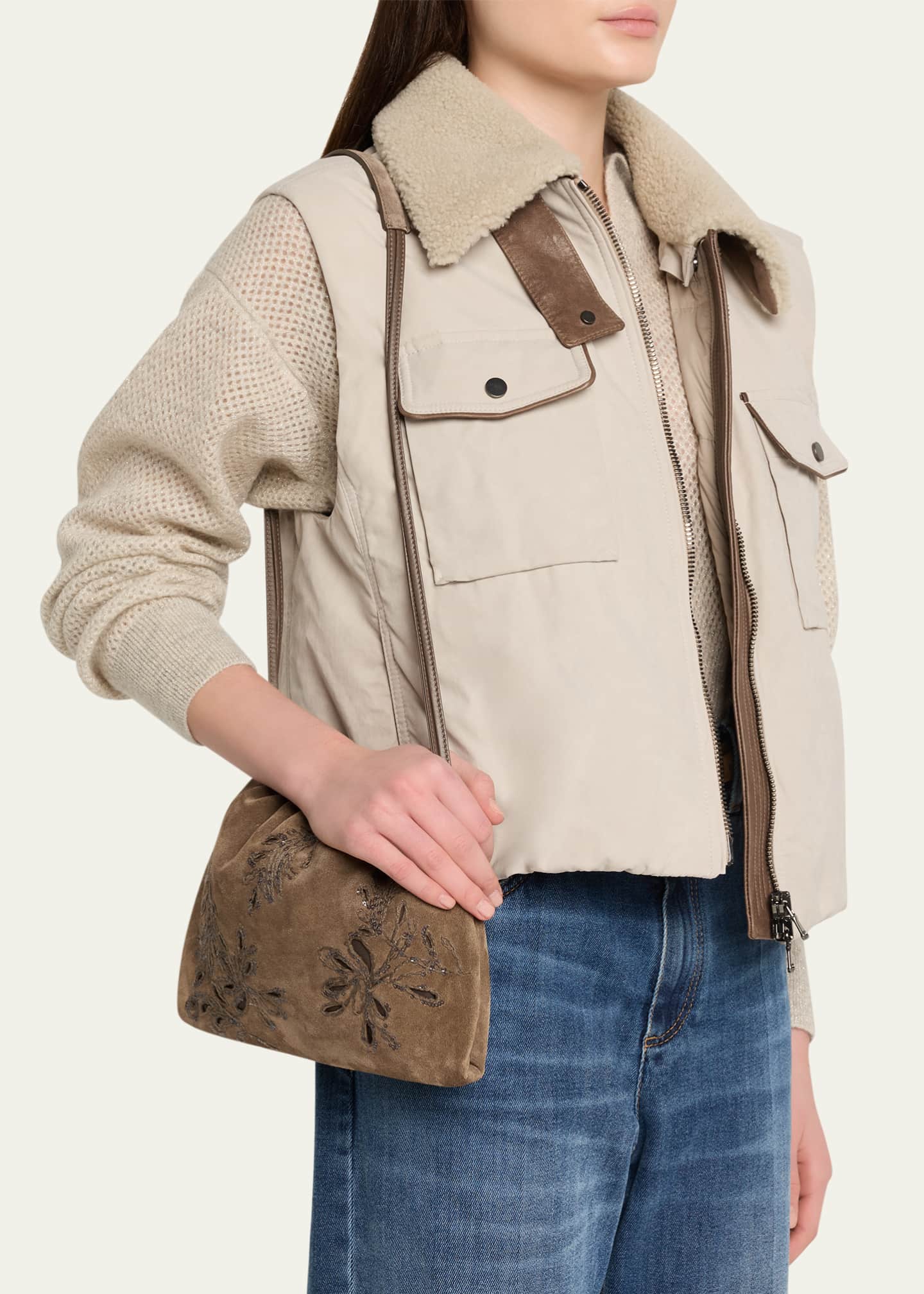 [BRUNELLO CUCINELLI クチネリ　 ショルダーストラップ&ポーチ Brunello Cucinelli Mini Floral-Embroidered Suede Pouch Bag
