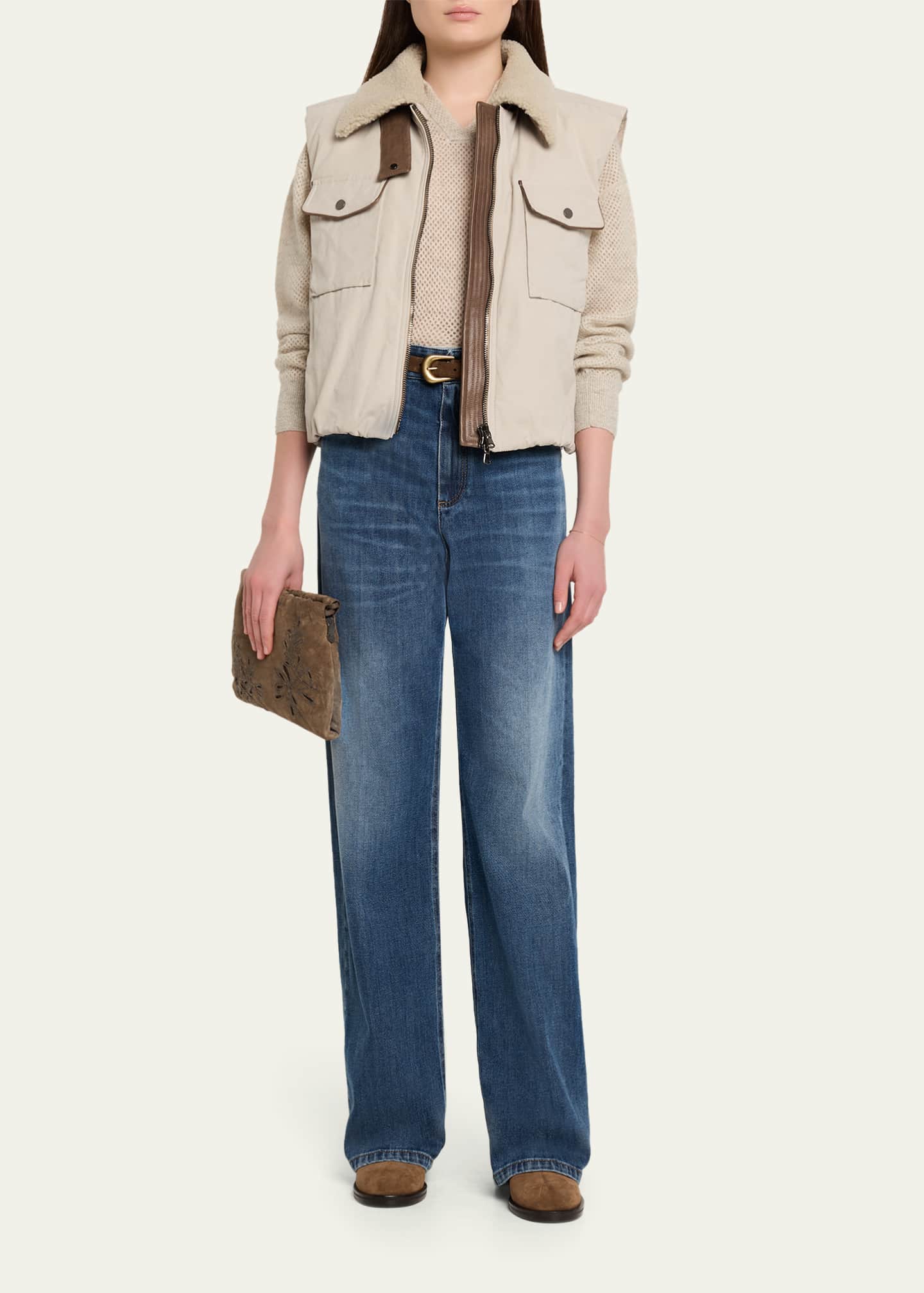 Brunello Cucinelli Mini Floral-Embroidered Suede Pouch Bag