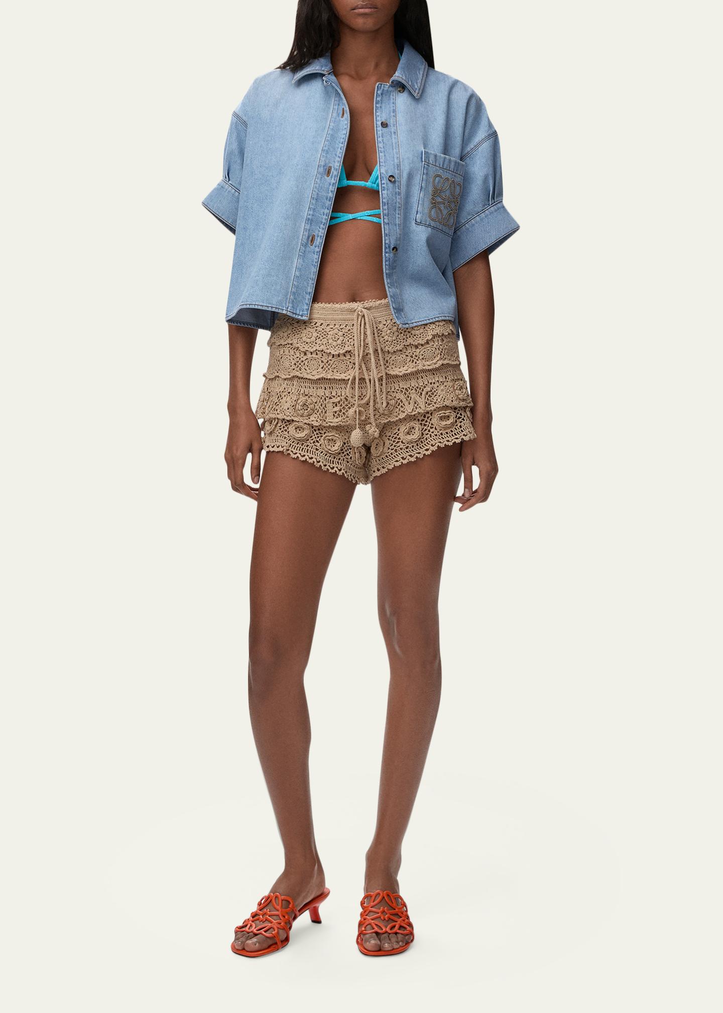 Loewe x Paula's Ibiza Tiered Ruffle Crochet Pull-On Shorts