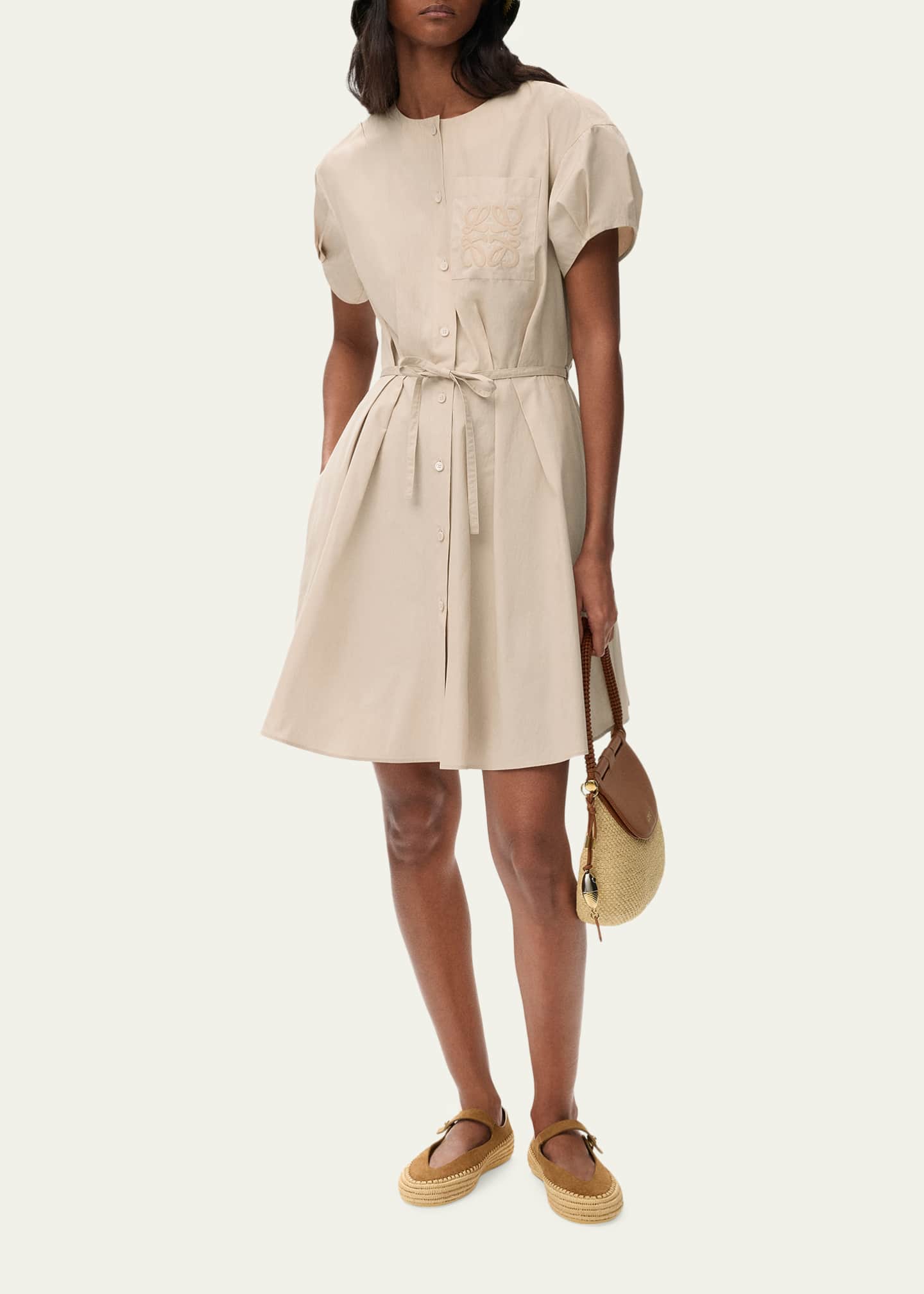 Loewe x Paula's Ibiza Anagram Puff-Sleeve Pleated Mini Shirtdress