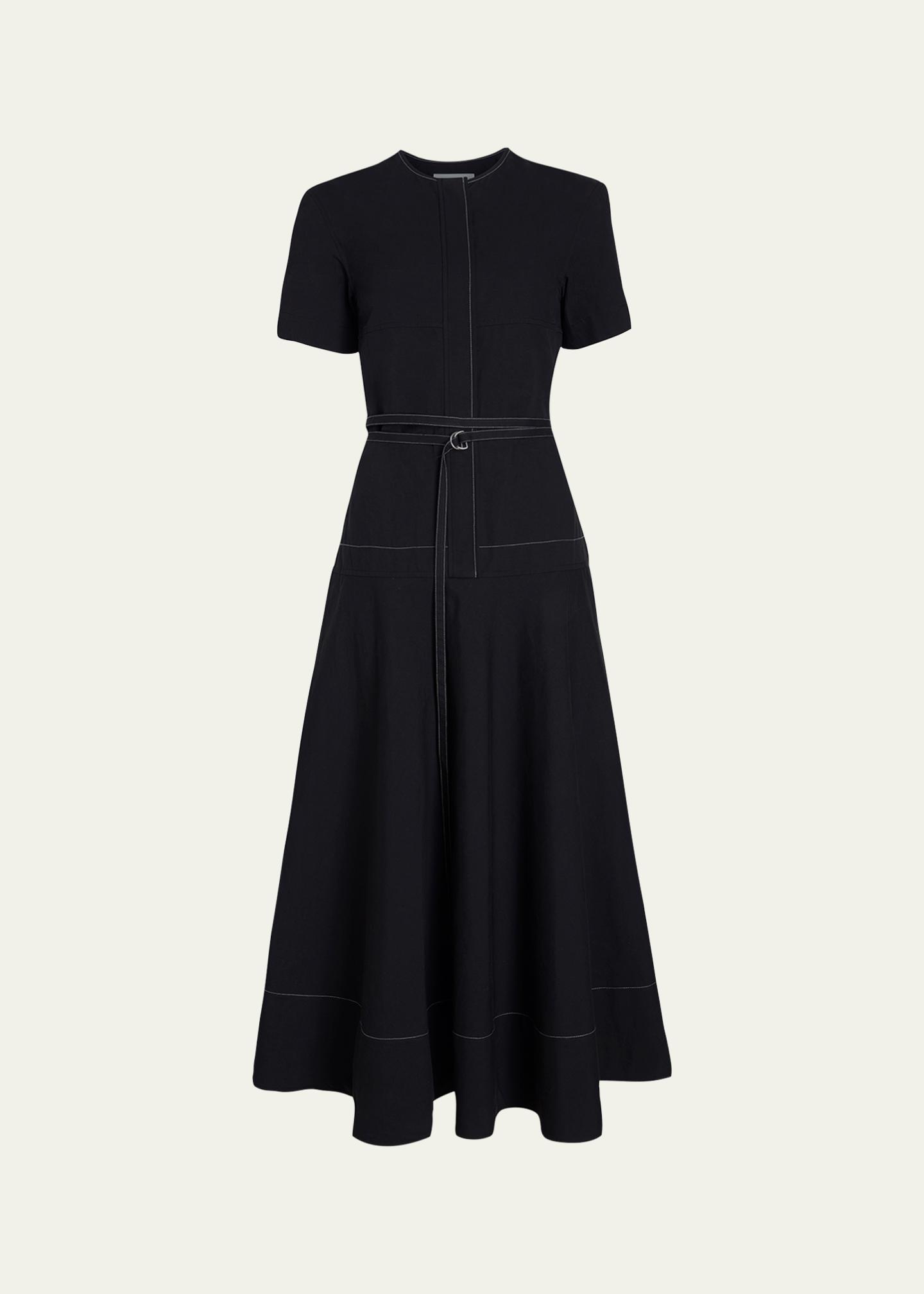 proenza schouler white label dress Evelyn in Crinkle Viscose neckline and 3/4 sleeves Loren Dress in Poplin Black