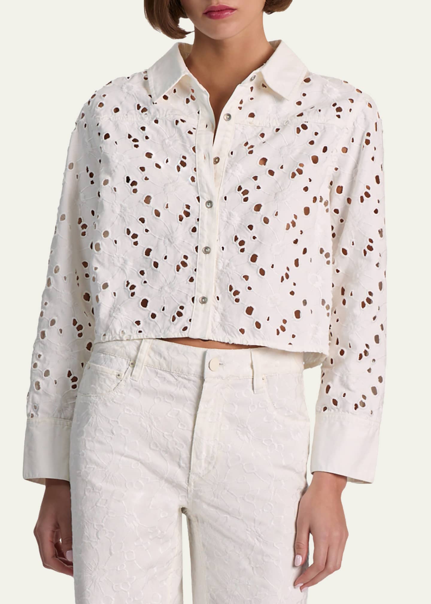 ALICE + OLIVIA Finely Laser-Cut Denim Cropped Shirt - Bergdorf Goodman
