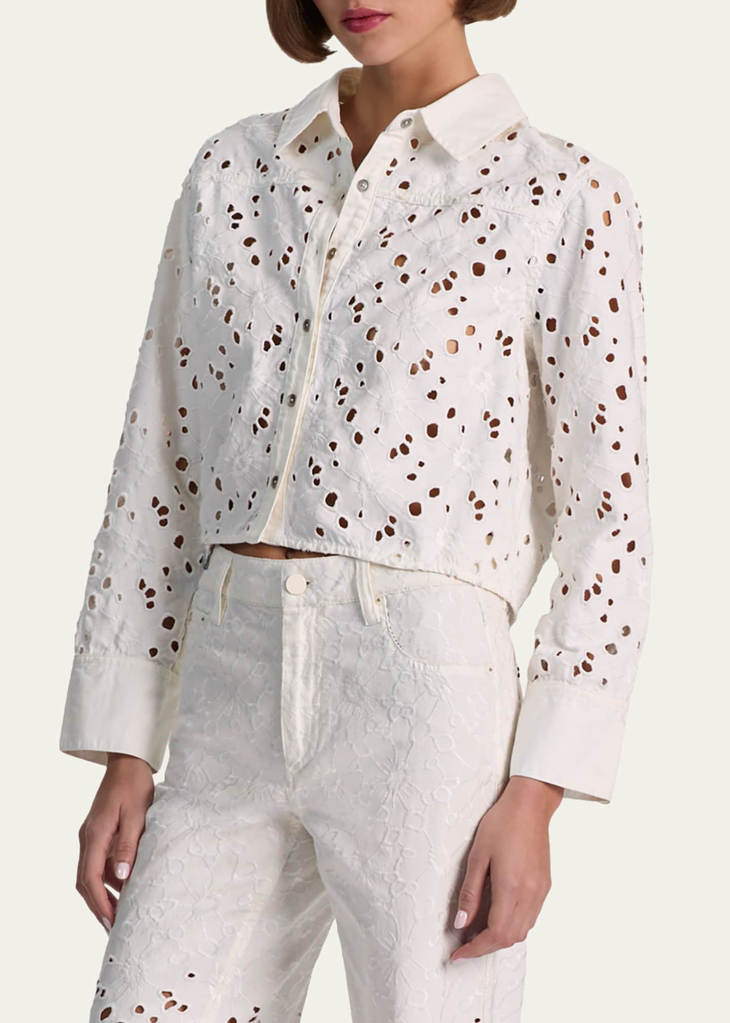 ALICE + OLIVIA Finely Laser-Cut Denim Cropped Shirt - Bergdorf Goodman