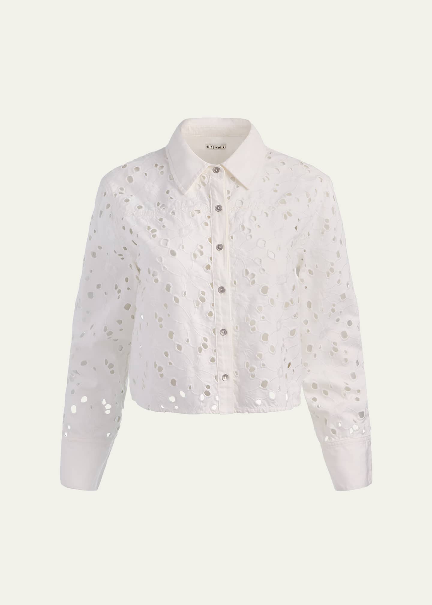 ALICE + OLIVIA Finely Laser-Cut Denim Cropped Shirt - Bergdorf Goodman