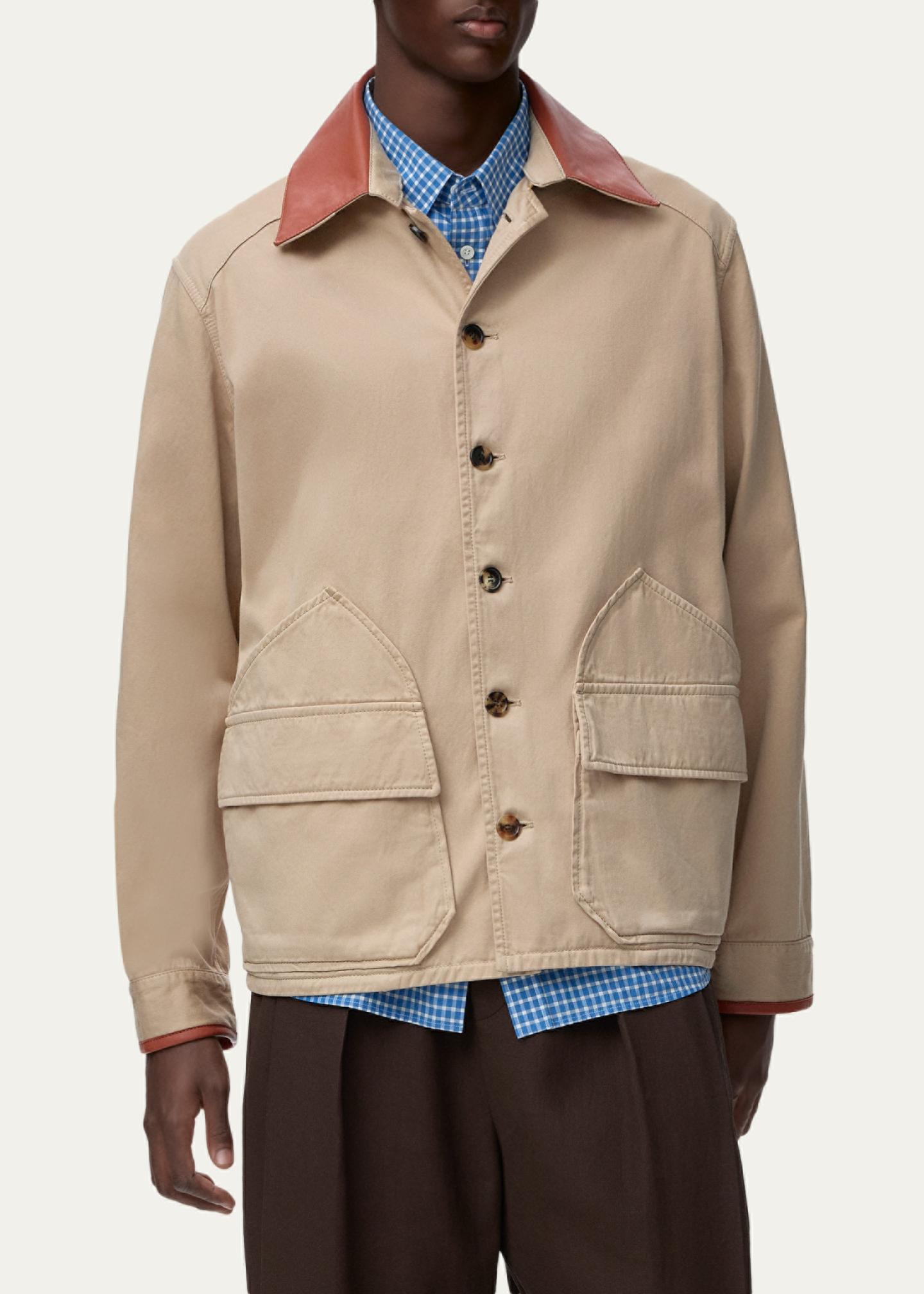 LOEWE x Paula's Ibiza Men's Washed Cotton Leather-Collar Shirt