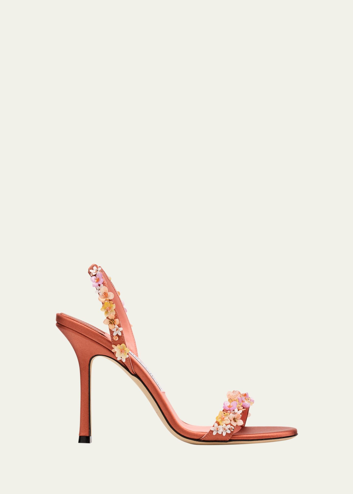 Jimmy Choo 100mm Jenn Flower-Embellished Satin Sandals - Bergdorf