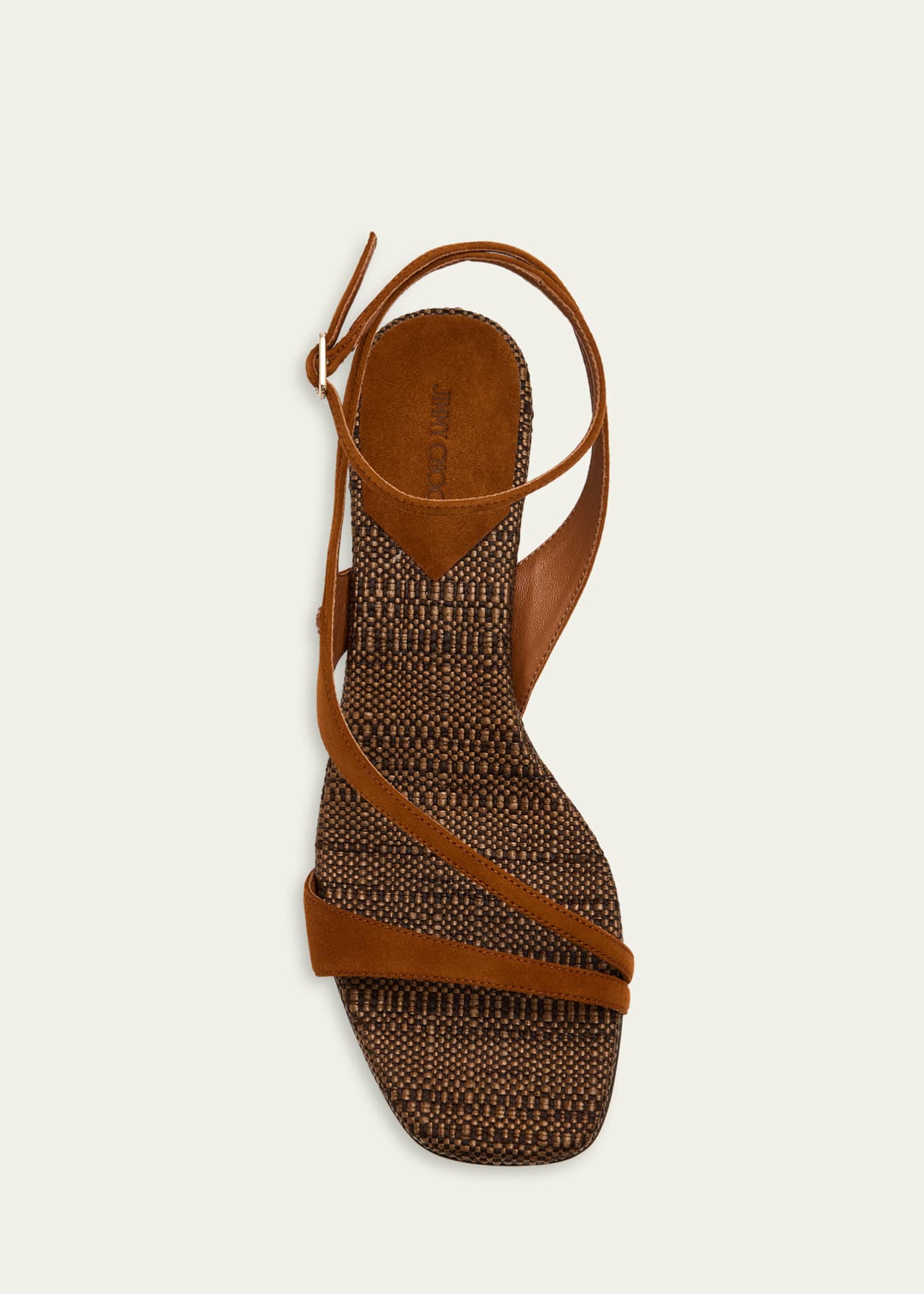 Jimmy Choo 45mm Faye Suede and Raffia Asymmetric Ankle-Strap