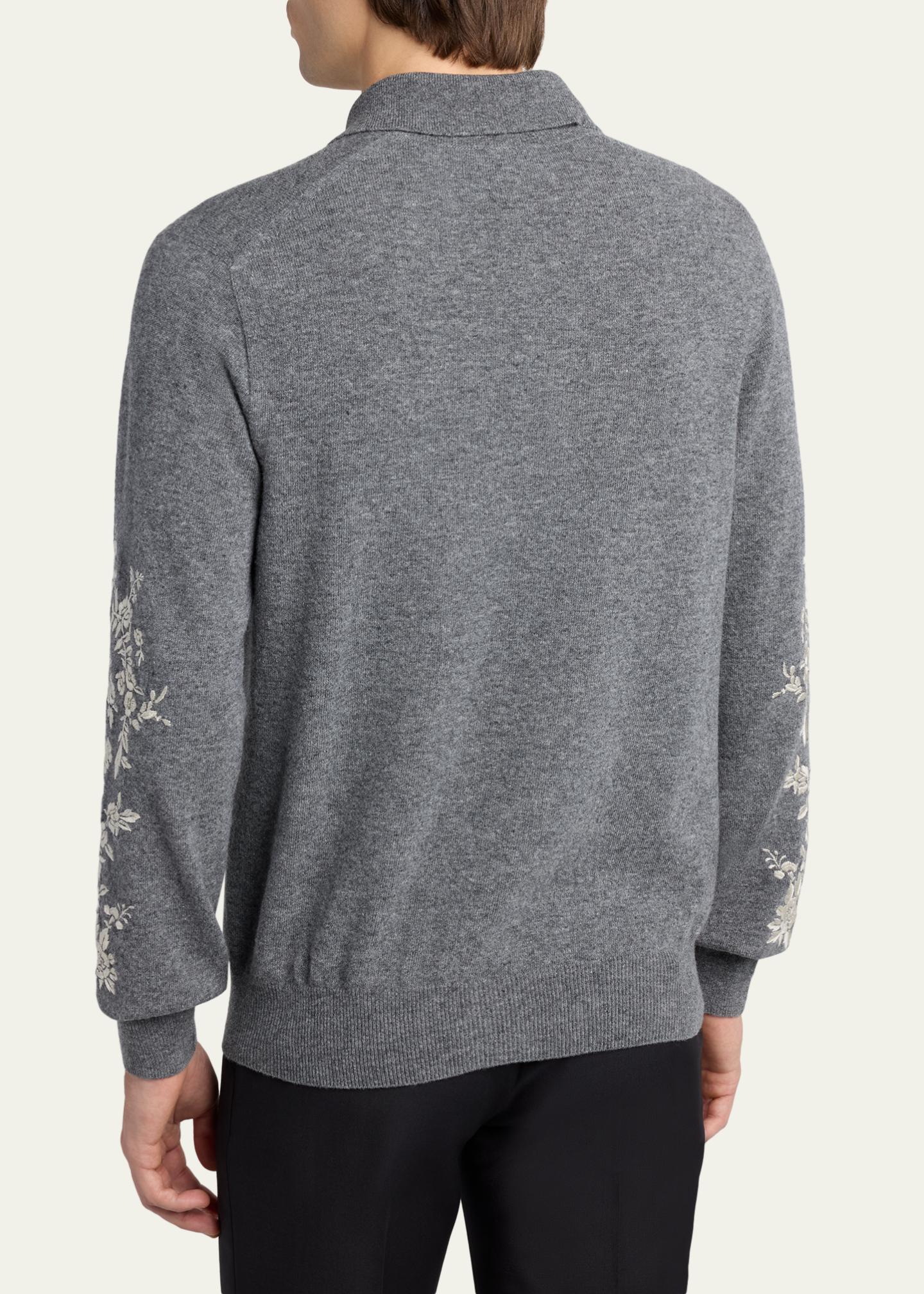 McQueen Men's Wool Floral-Embroidered Polo Sweater - Bergdorf Goodman