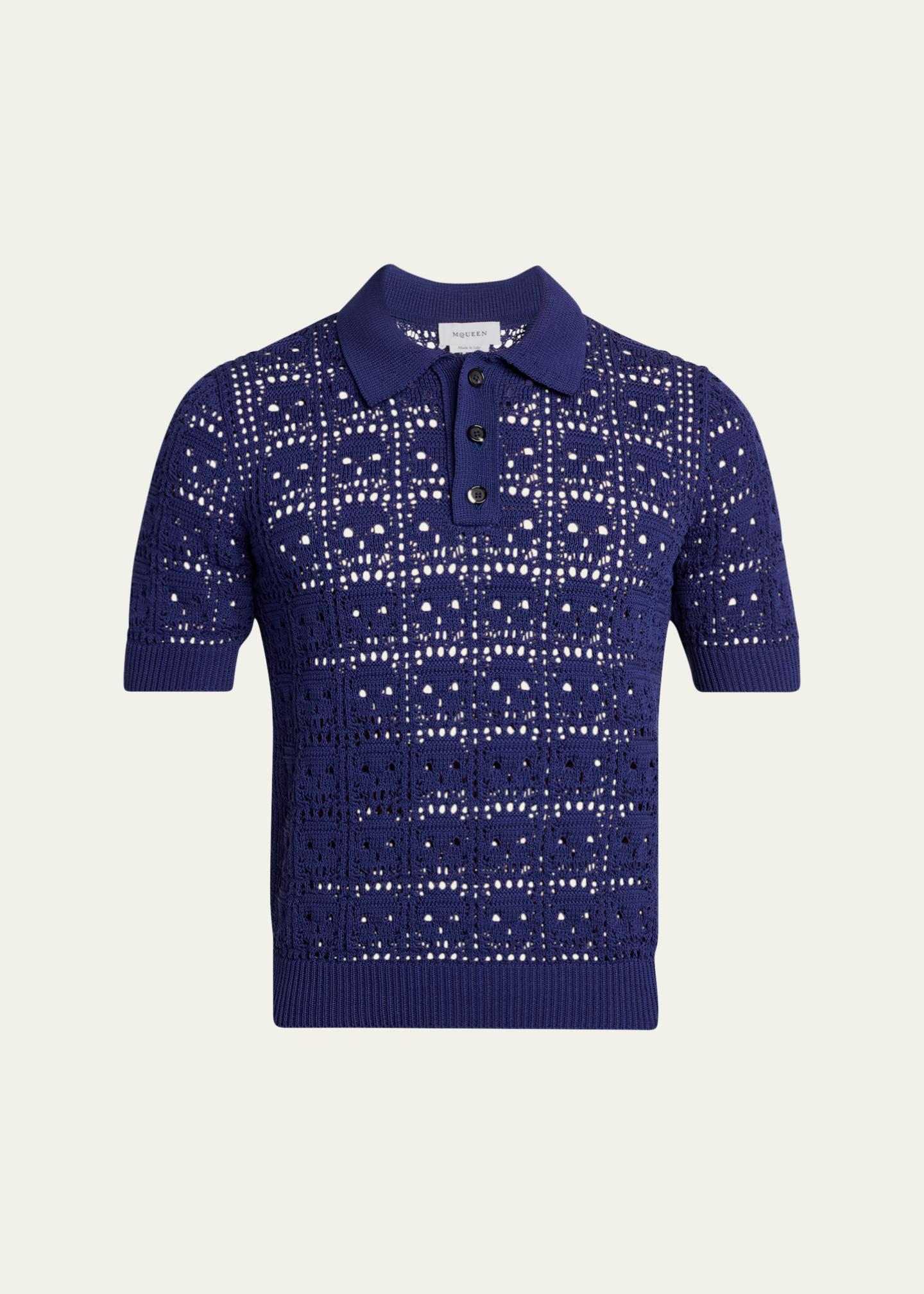 McQueen Men's Cotton Crochet Skull Openwork Short-Sleeve Polo