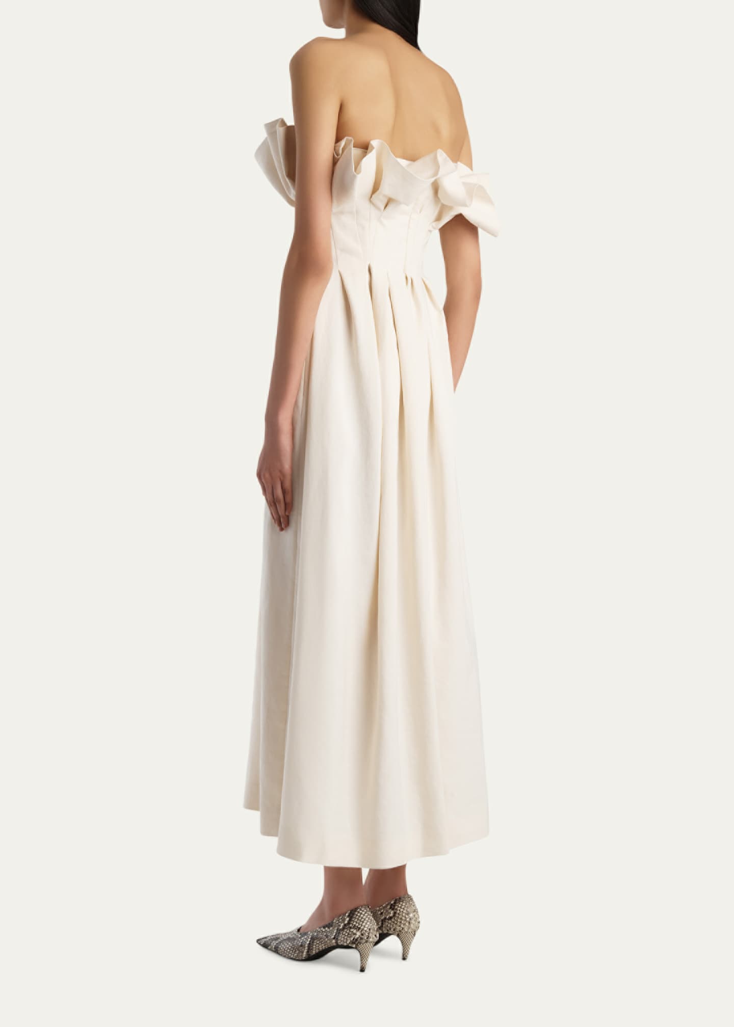 khaite dresses Khaite Claude Pleated Ruffle Strapless Midi Dress