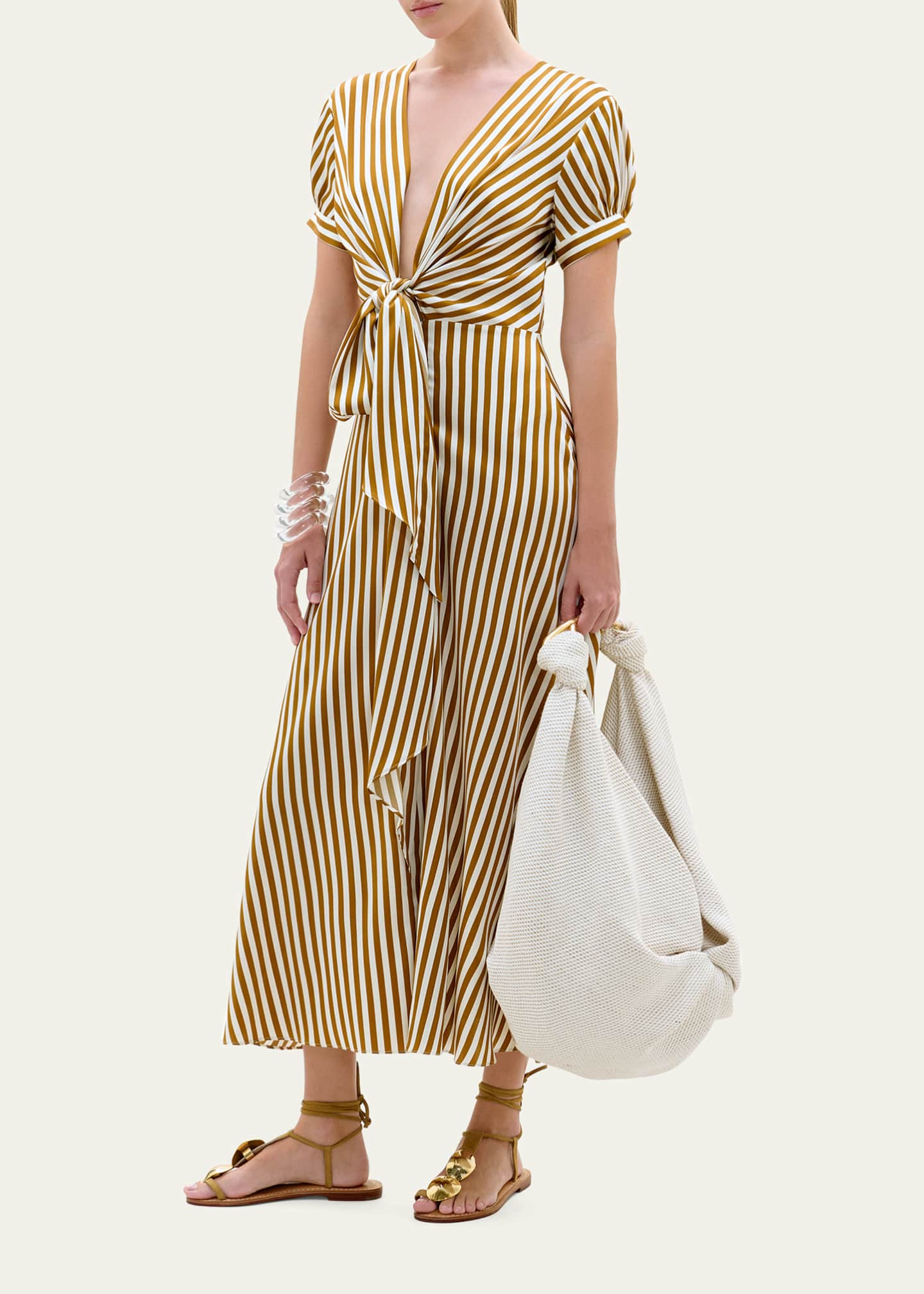Silvia Tcherassi Zila Plunging Knot Striped Silk Midi Dress