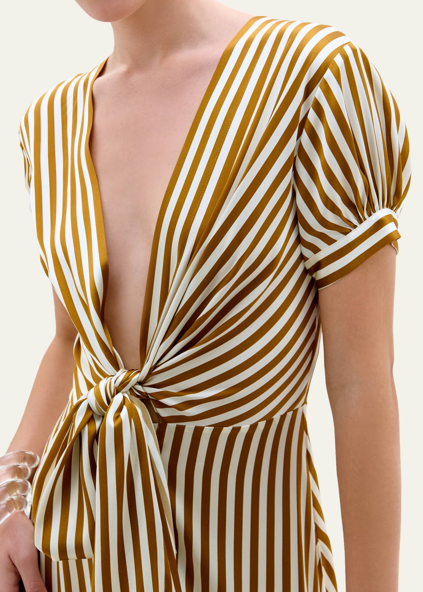 silk knot dress Silvia Tcherassi Zila Plunging Knot Striped Silk Midi Dress, Burnt Ochre, Women's, Xs
