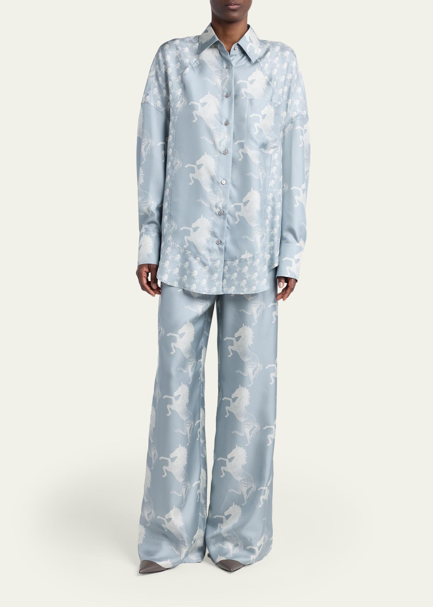 Stella McCartney Horse Printed Silk Twill Wide-Leg Drawstring