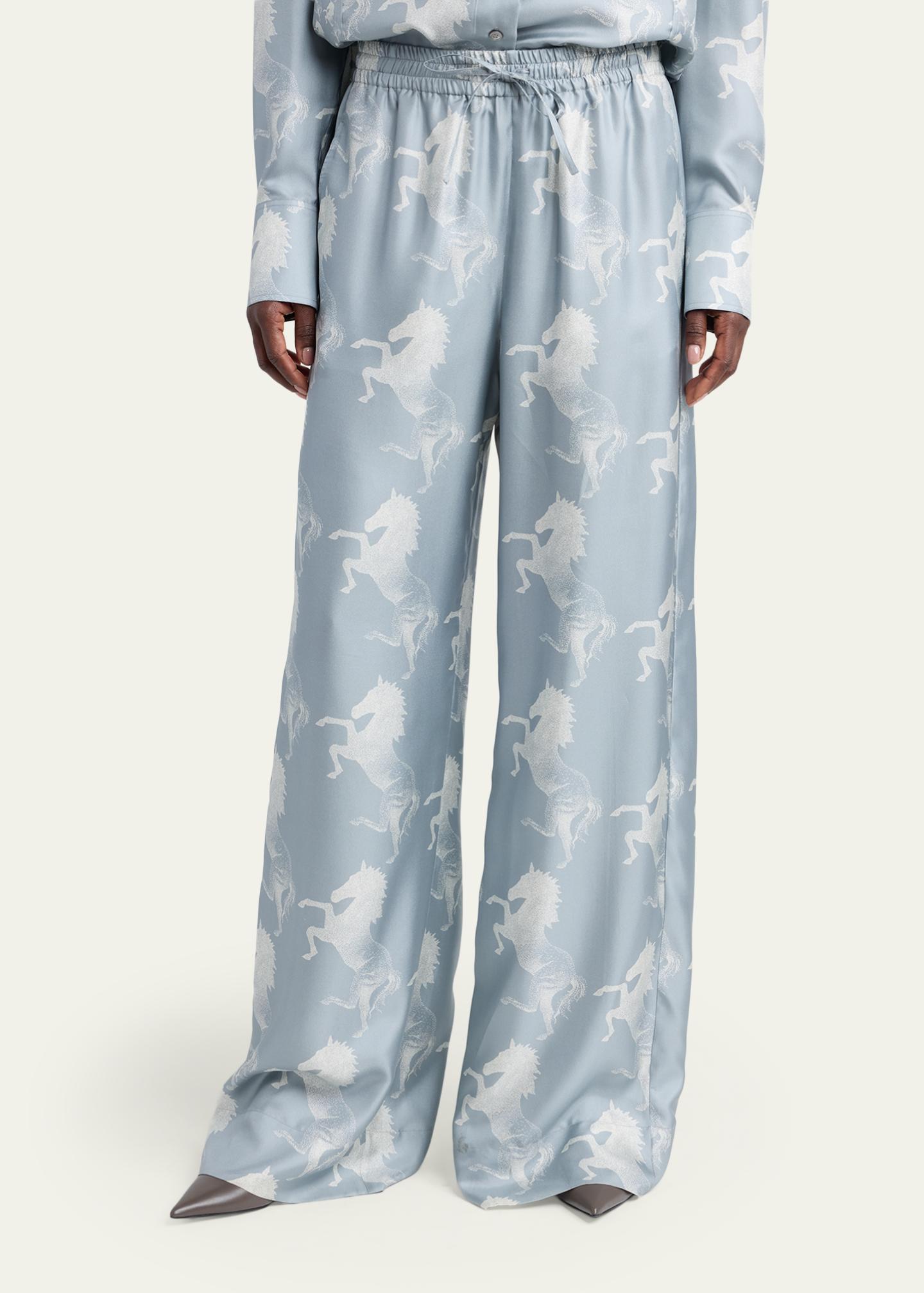 Stella McCartney Horse Printed Silk Twill Wide-Leg Drawstring