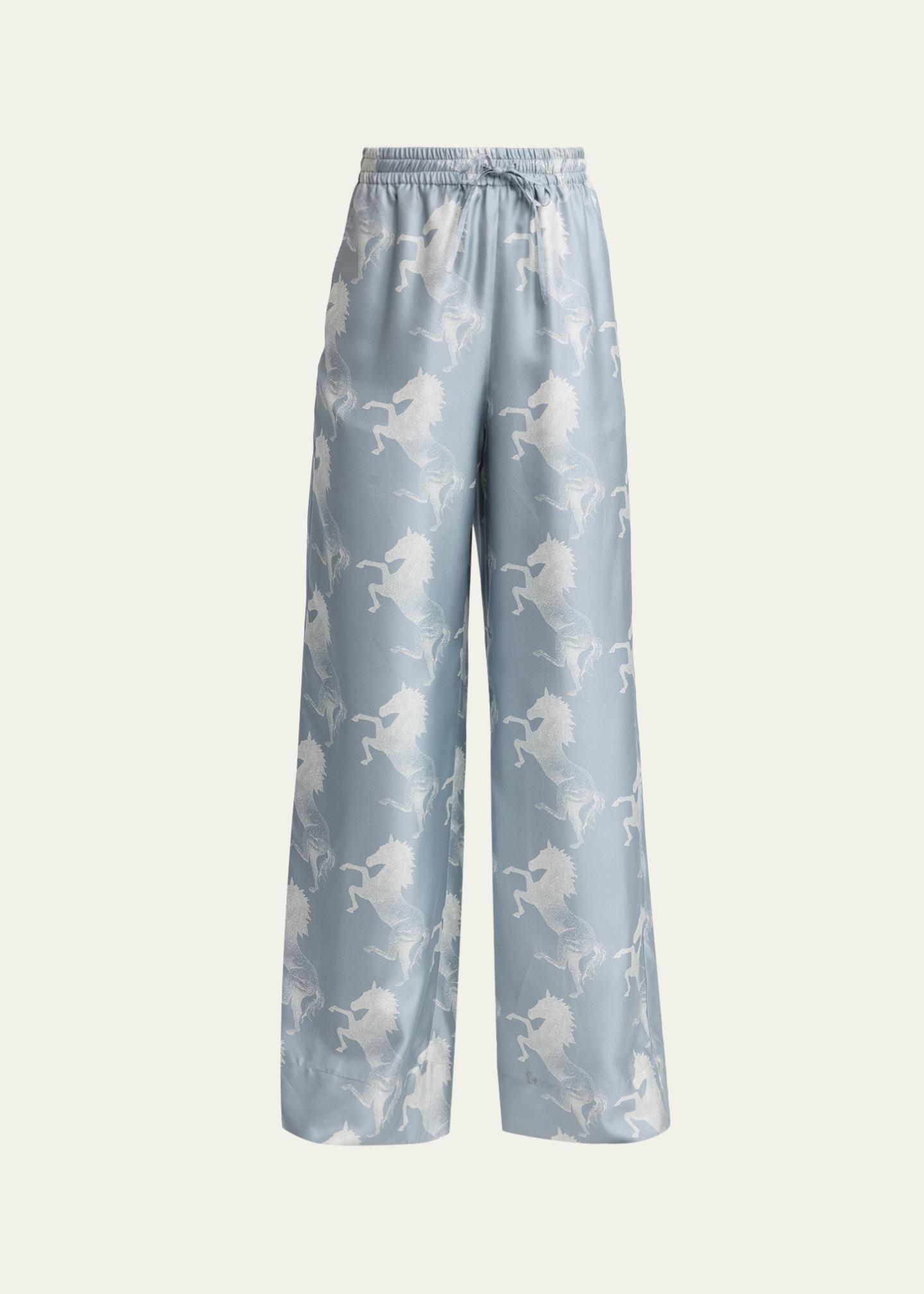 Stella McCartney Horse Printed Silk Twill Wide-Leg Drawstring