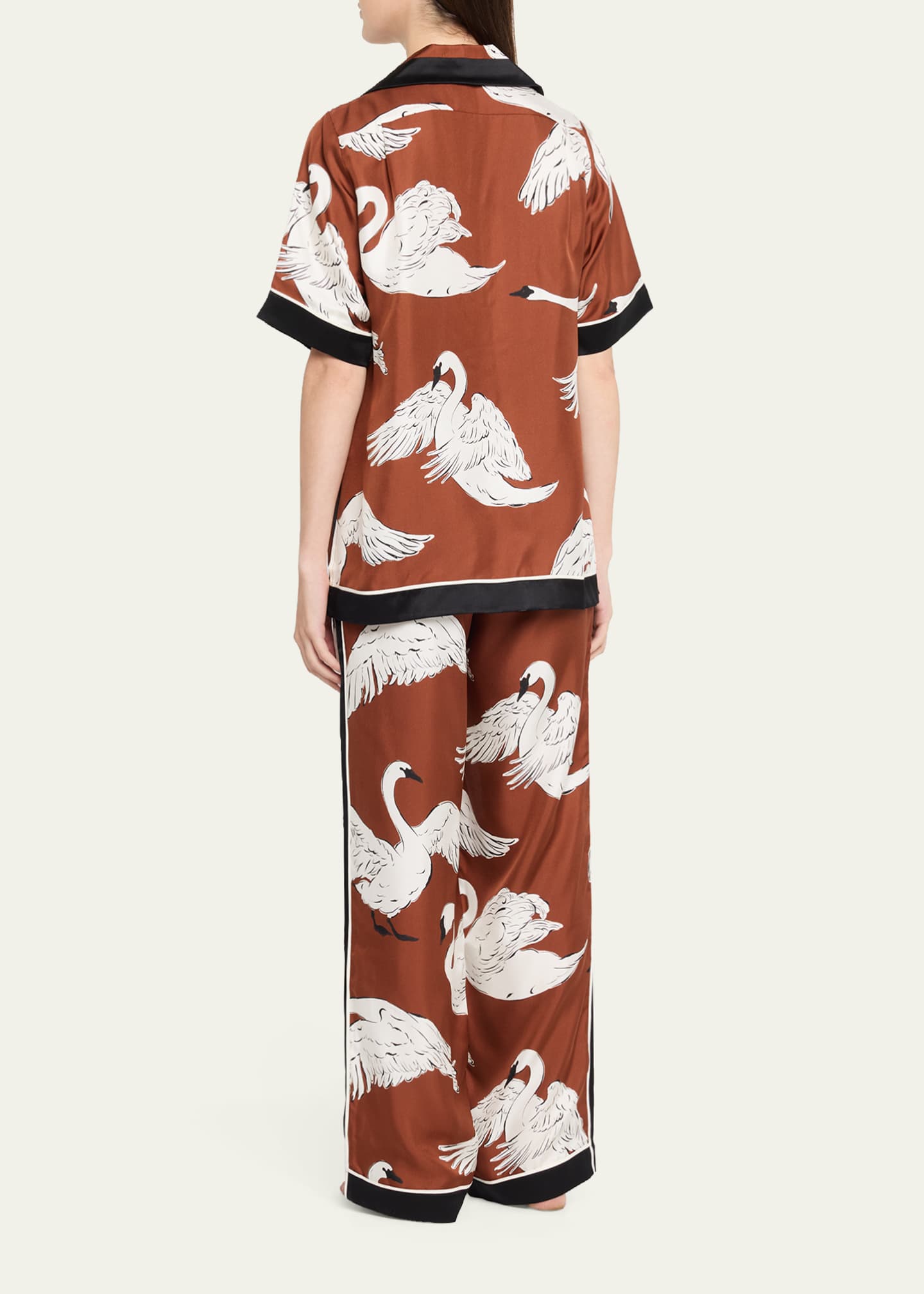 Olivia von Halle Tilda Ines Swan-Print Silk Twill Pajama Set