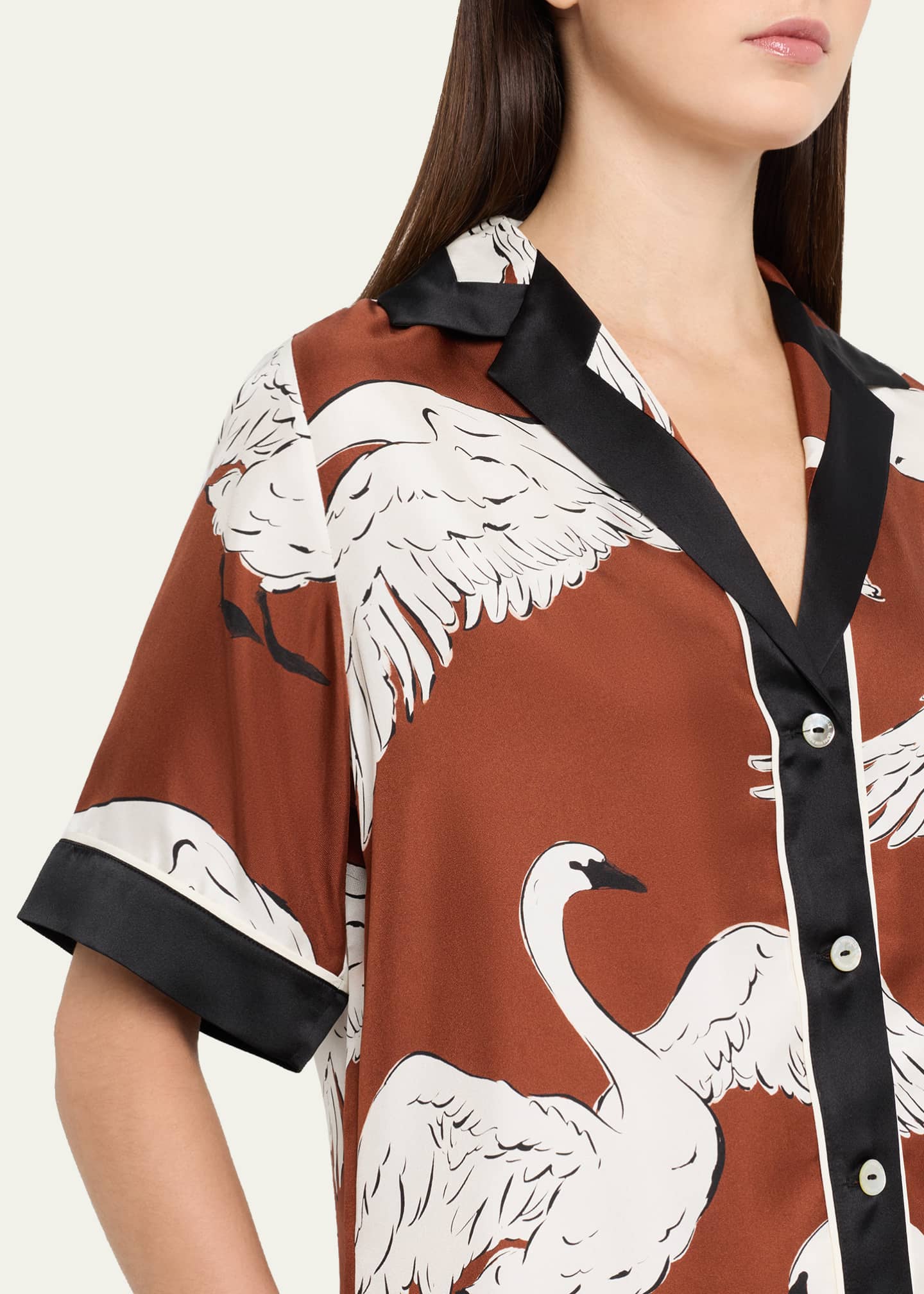 Olivia von Halle Tilda Ines Swan-Print Silk Twill Pajama Set