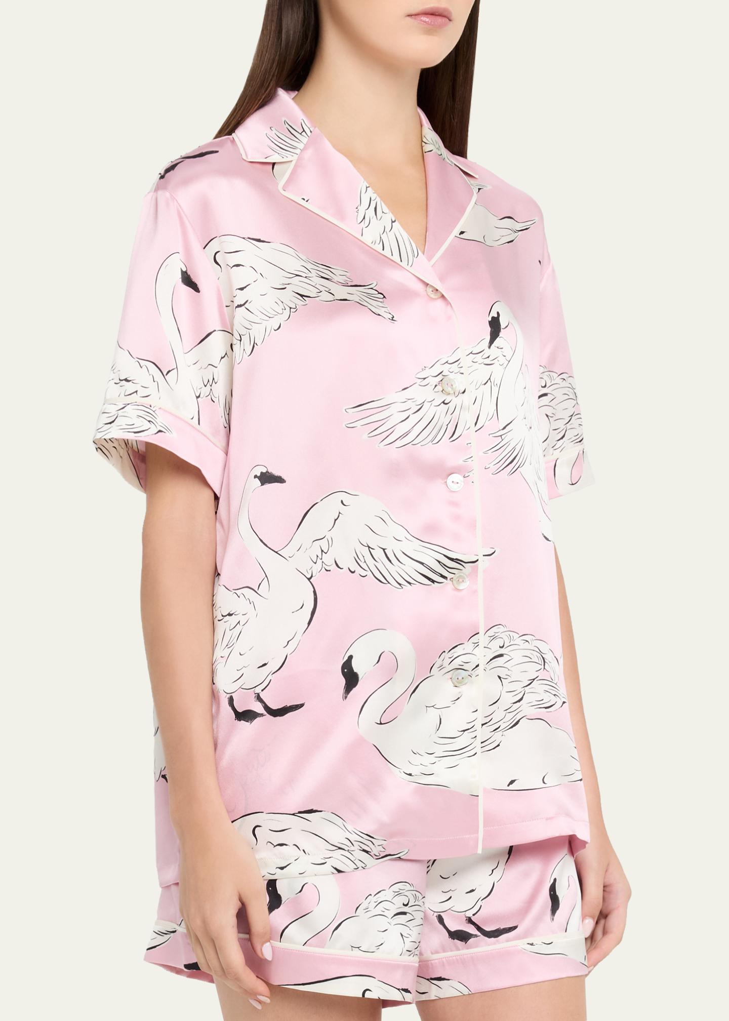 Olivia von Halle Ingo Selene Swan-Print Silk Satin Pajama Set