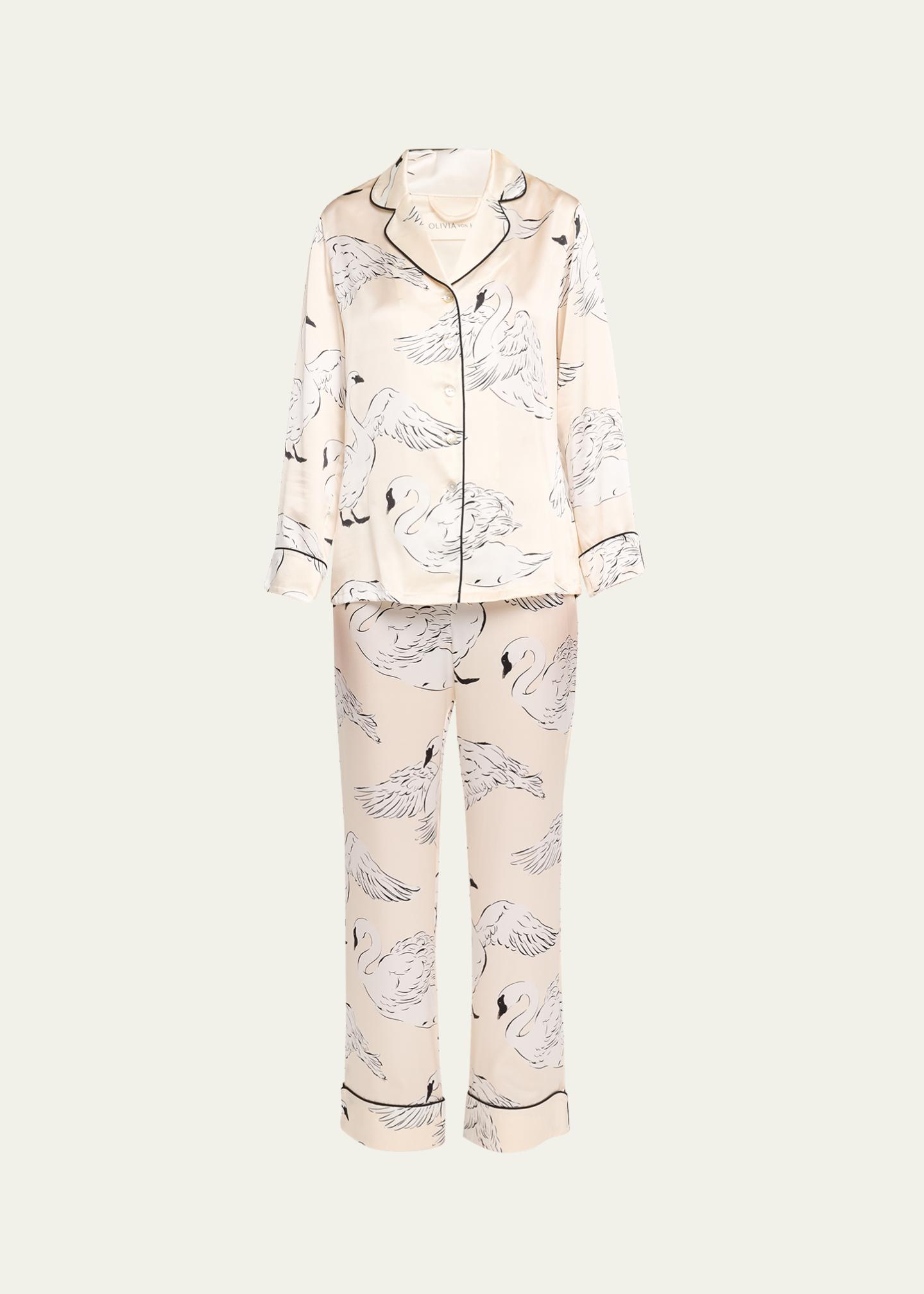 Olivia von Halle Lila Blanca Swan-Print Silk Satin Pajama Set