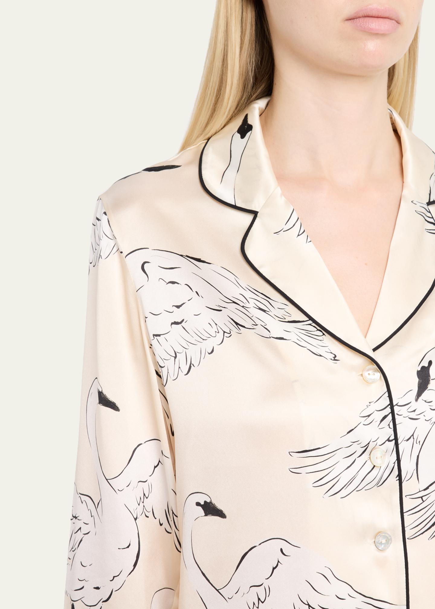 Olivia von Halle Lila Blanca Swan-Print Silk Satin Pajama Set