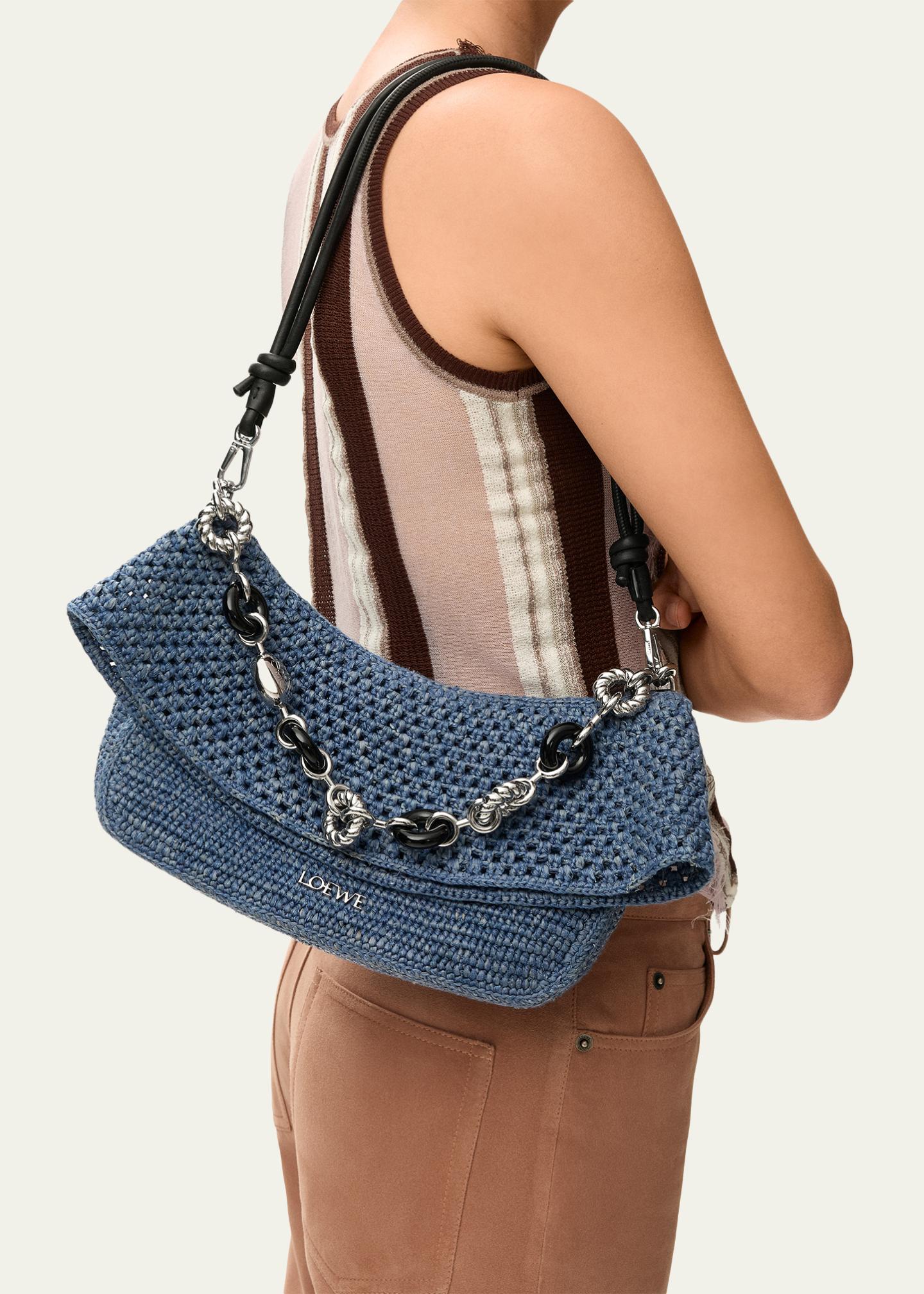 LOEWE x Paula's Ibiza Ola Medium Bag in Denim-Effect Raffia