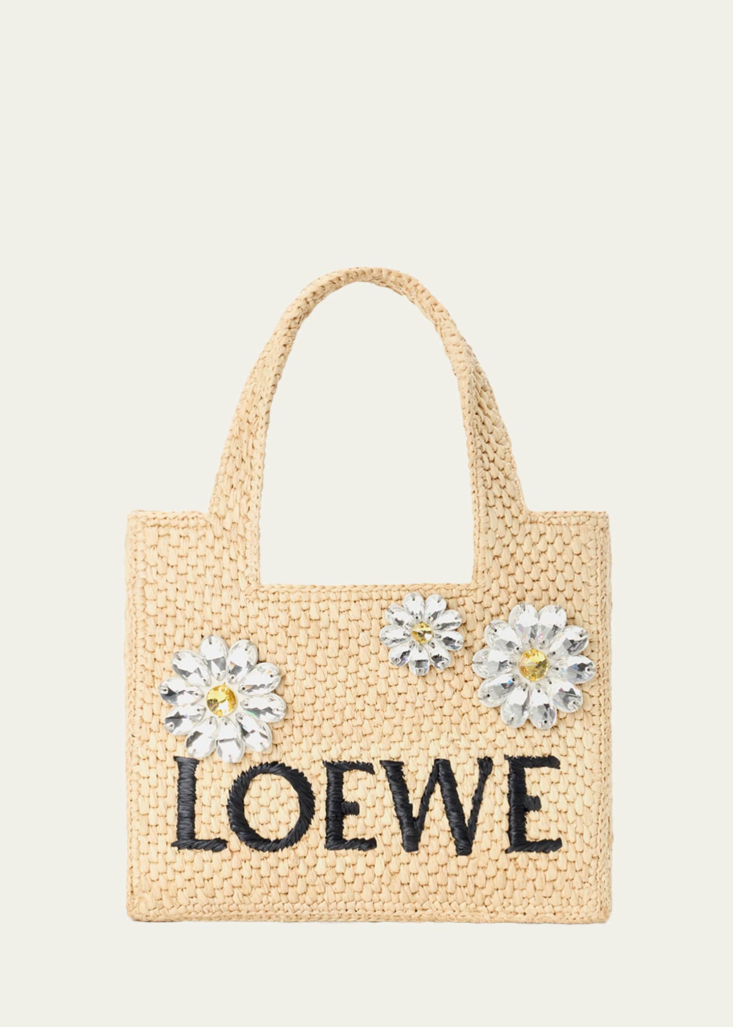 Loewe x Paula's Ibiza Crystal Floral Applique Raffia Tote Bag