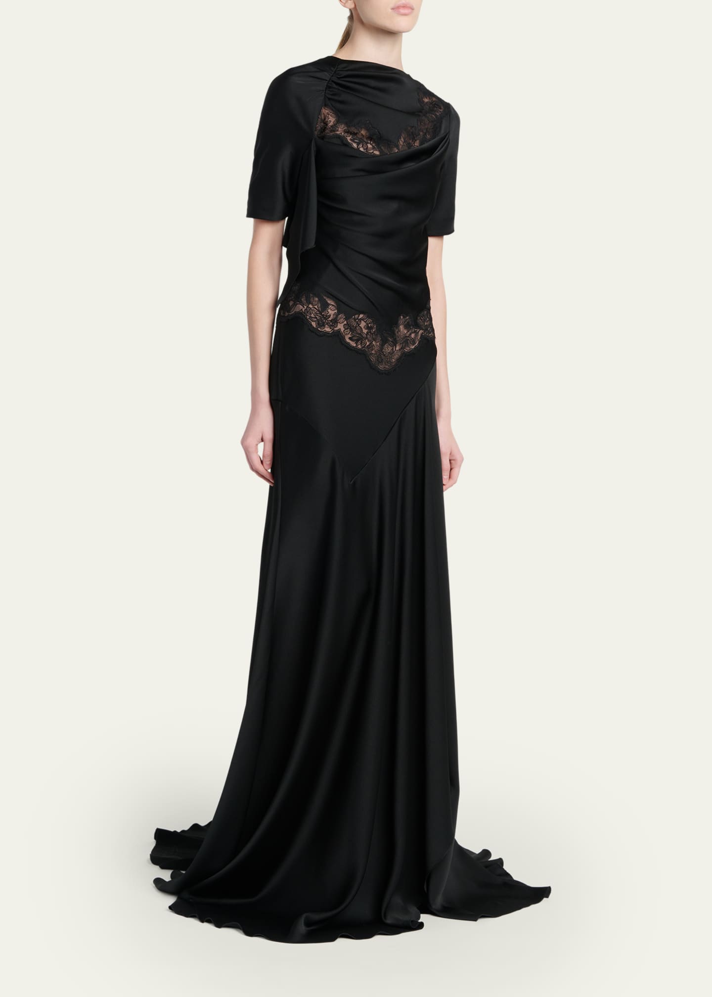bergdorf goodman evening dresses McQueen Lace-Inset Draped Satin Evening Dress
