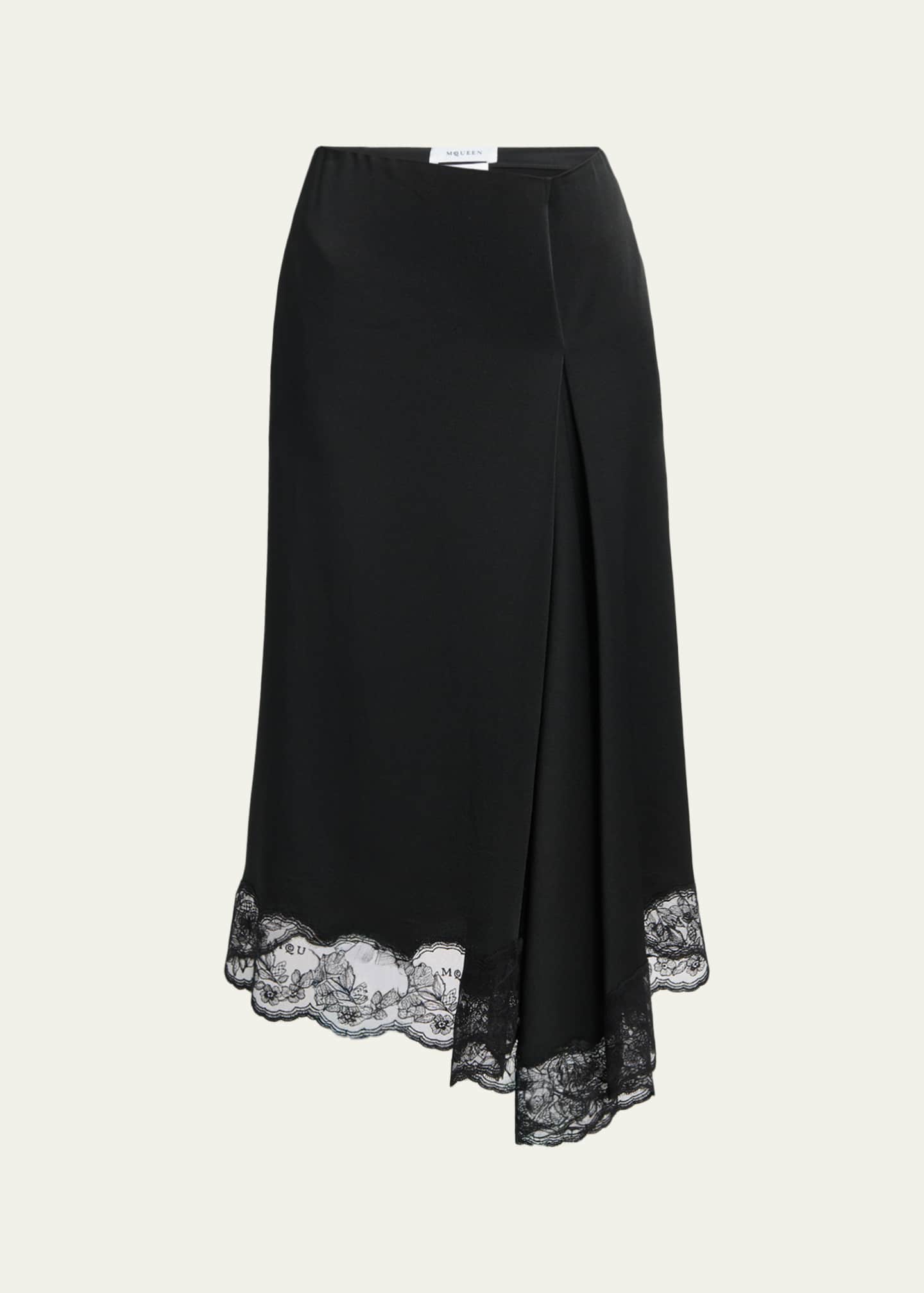 McQueen Asymmetric Lace-Trim Satin Midi Skirt - Bergdorf Goodman
