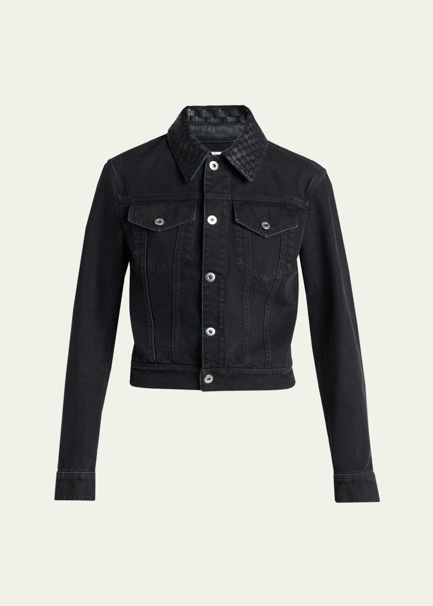 Bottega Veneta Intrecciato-Collar Faded Black Denim Jacket 