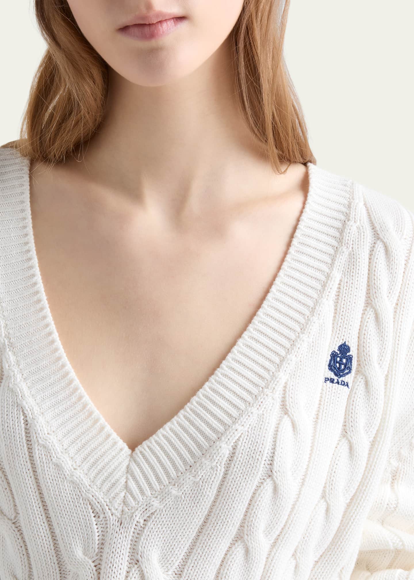 Prada Cable-Knit V-Neck Cotton Sweater - Bergdorf Goodman