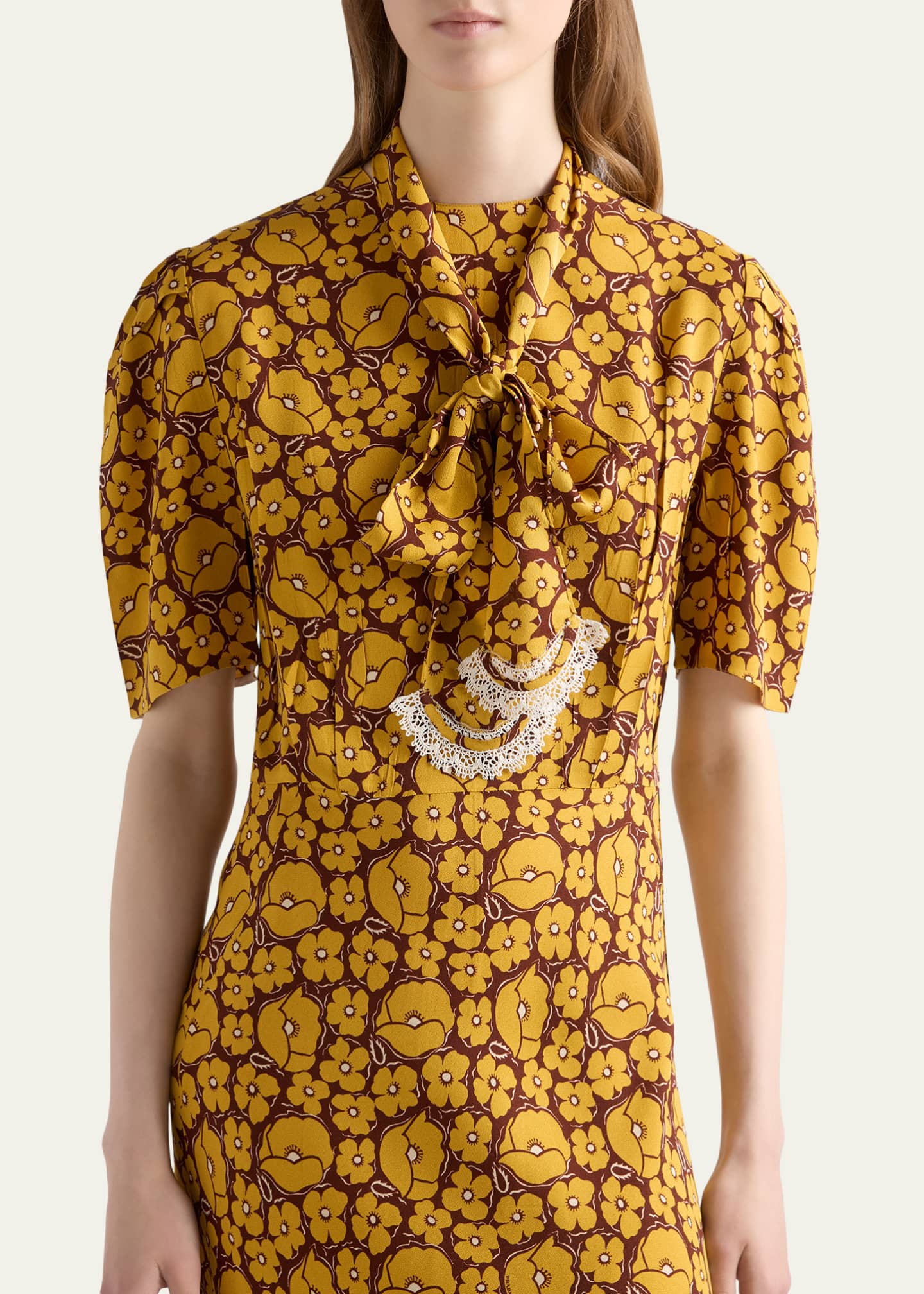 Prada Sable Floral Long Dress with Scarf Tie - Bergdorf Goodman