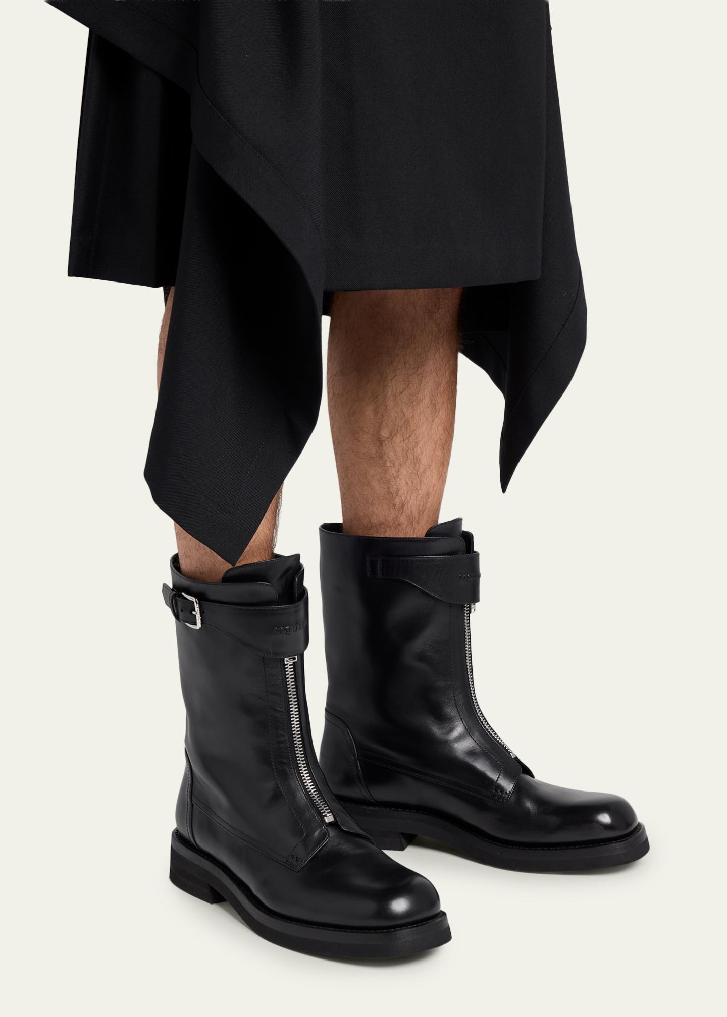 McQueen Men's Biker Leather Center-Zip Buckle Boots - Bergdorf Goodman