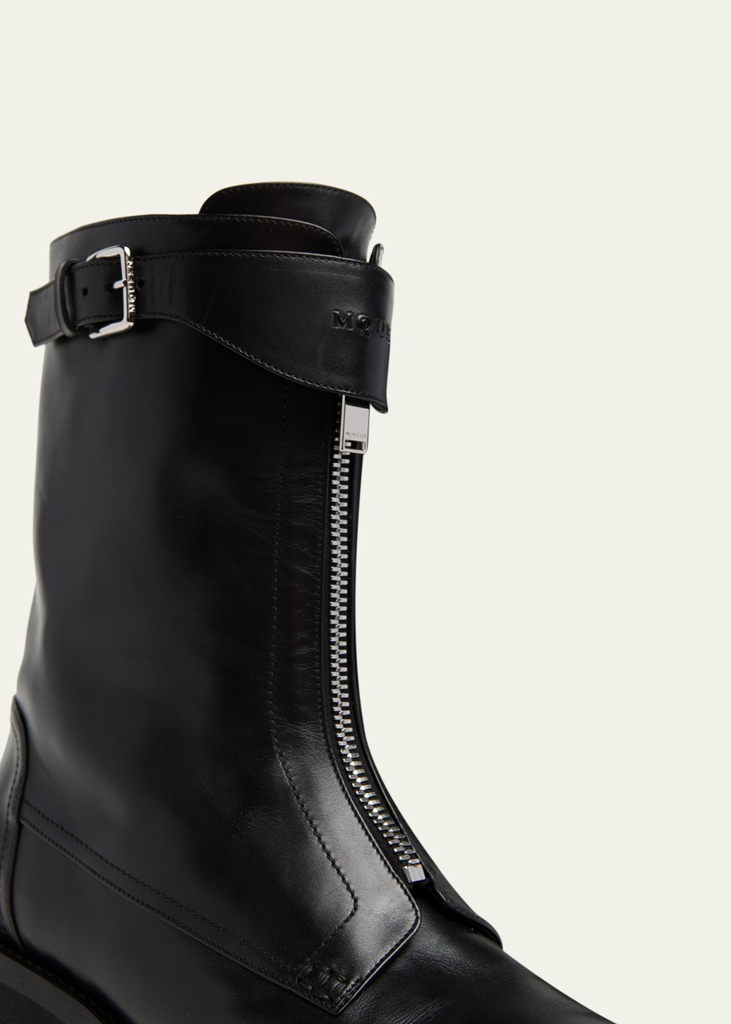 McQueen Men's Biker Leather Center-Zip Buckle Boots - Bergdorf Goodman