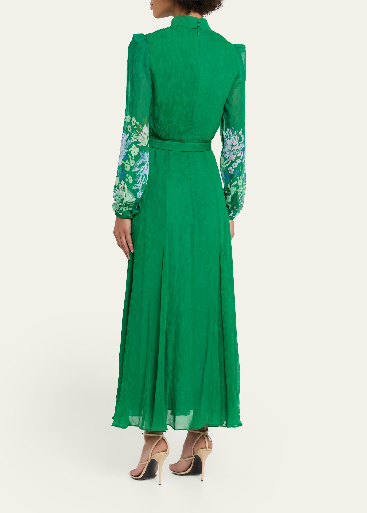 saloni dress green Women's Jacqui Belted Midi-Dress - Chrystanthemum Border stone green main