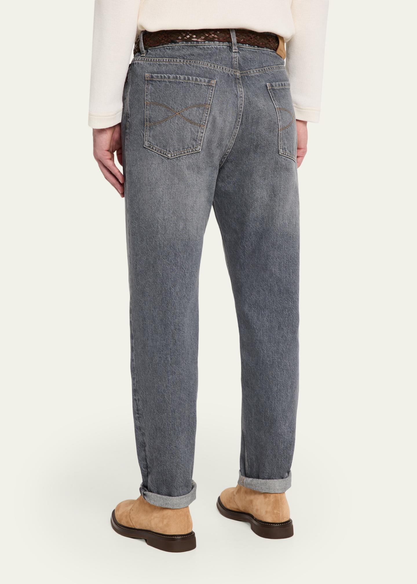 Brunello Cucinelli Men's Rinsed Grey Denim Straight-Leg Jeans
