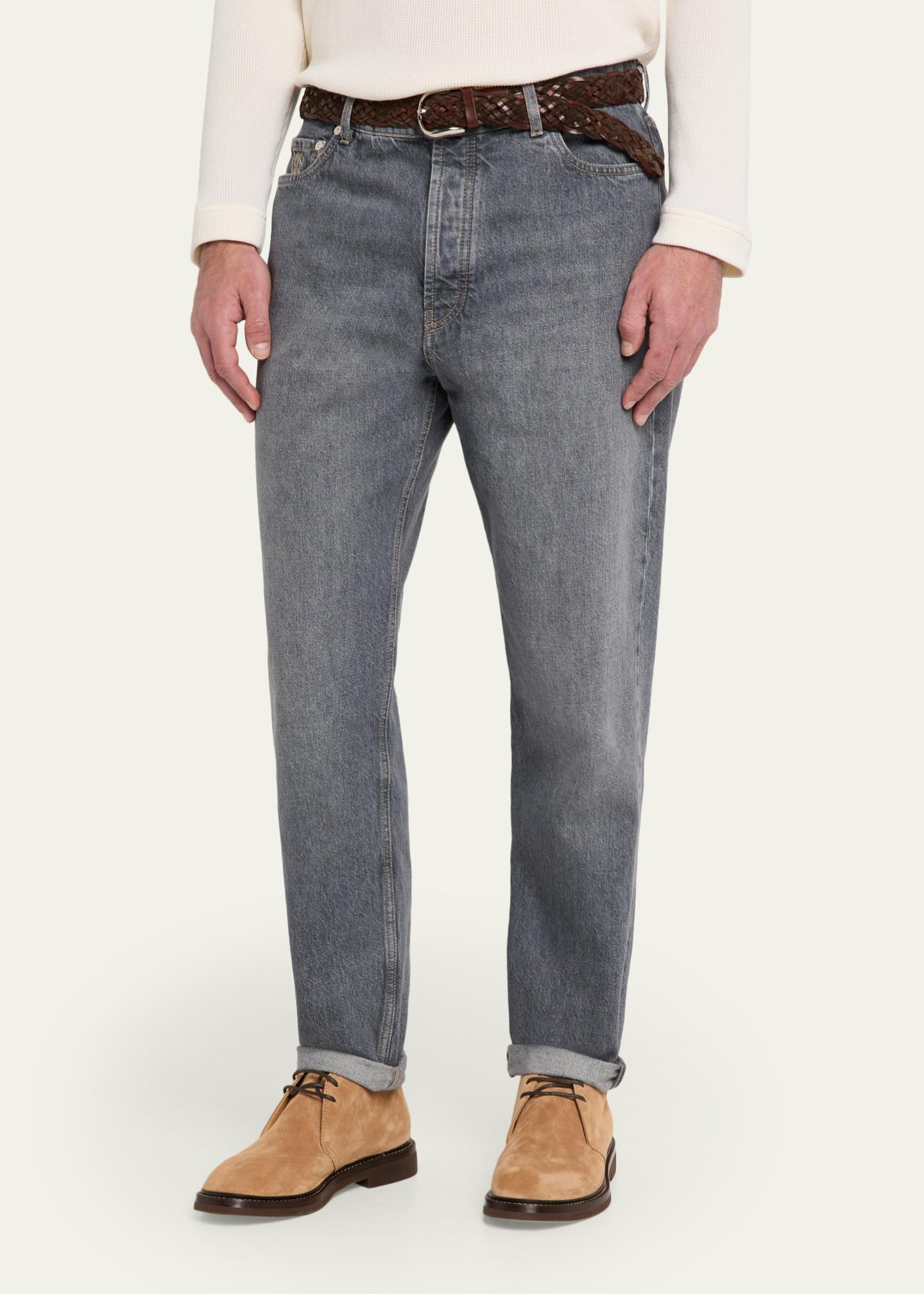 Brunello Cucinelli Men's Rinsed Grey Denim Straight-Leg Jeans