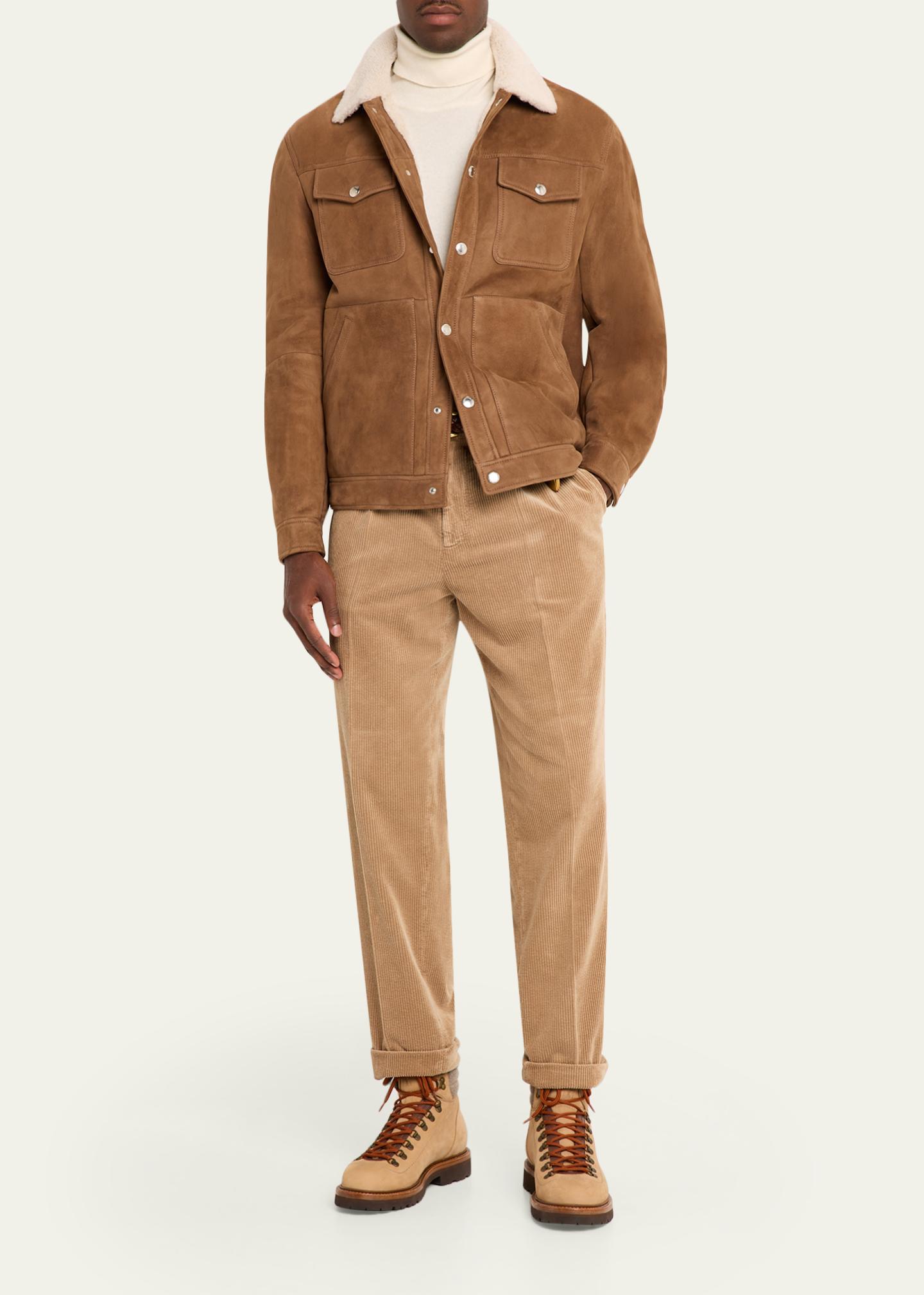 Brunello Cucinelli Men's Shearling-Collar Suede Snap Front Jacket