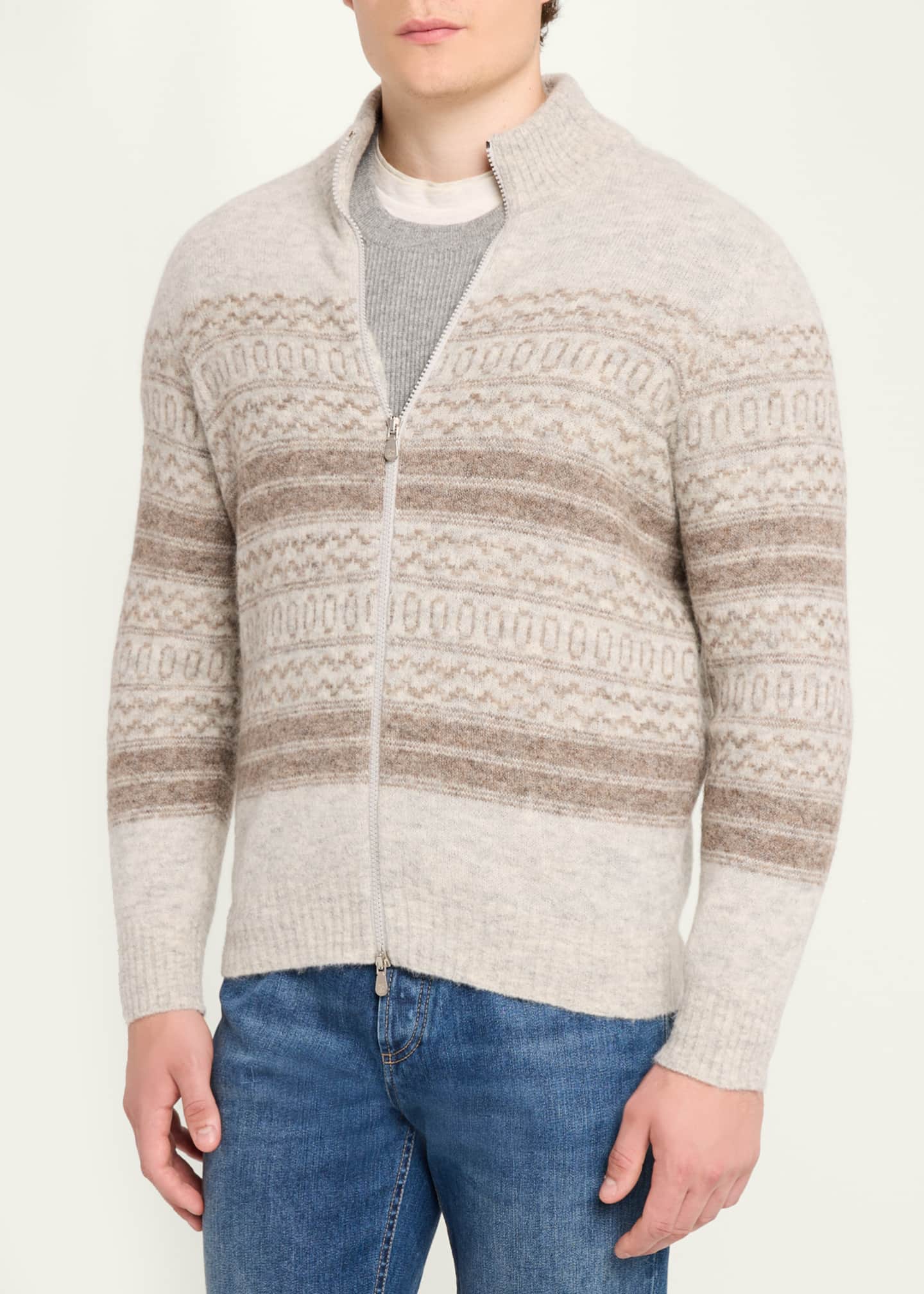 Brunello Cucinelli Men's Geometric Stripe Full-Zip Cardigan