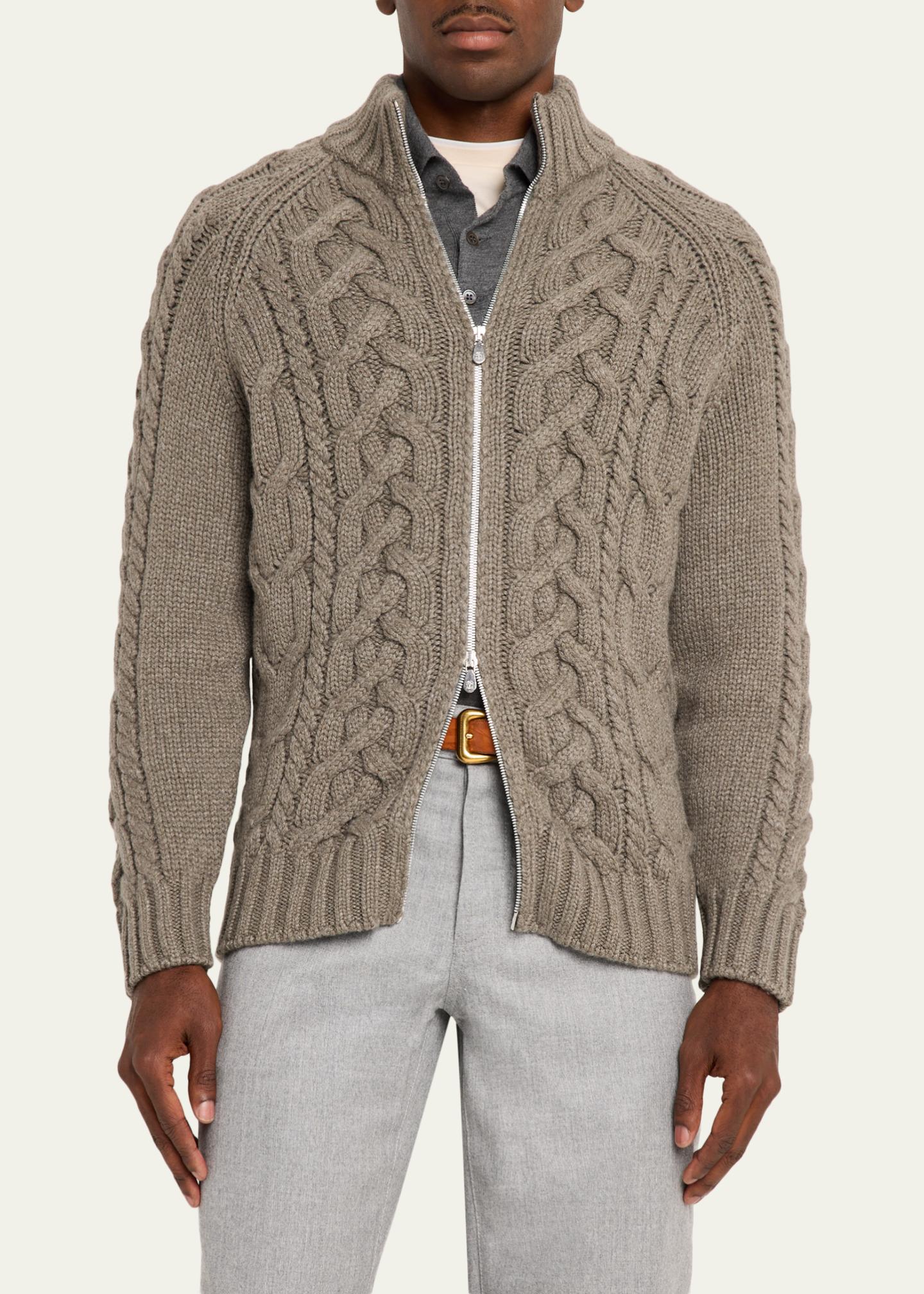 Brunello Cucinelli Men's Lofted Cashmere Cable Knit Full-Zip