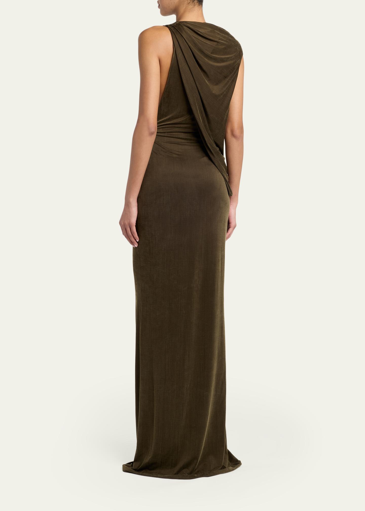 tom ford green dress Plunging Cowl-Neck Sleeveless Maxi Dress, Olive/Black, Women's, 42 fabric