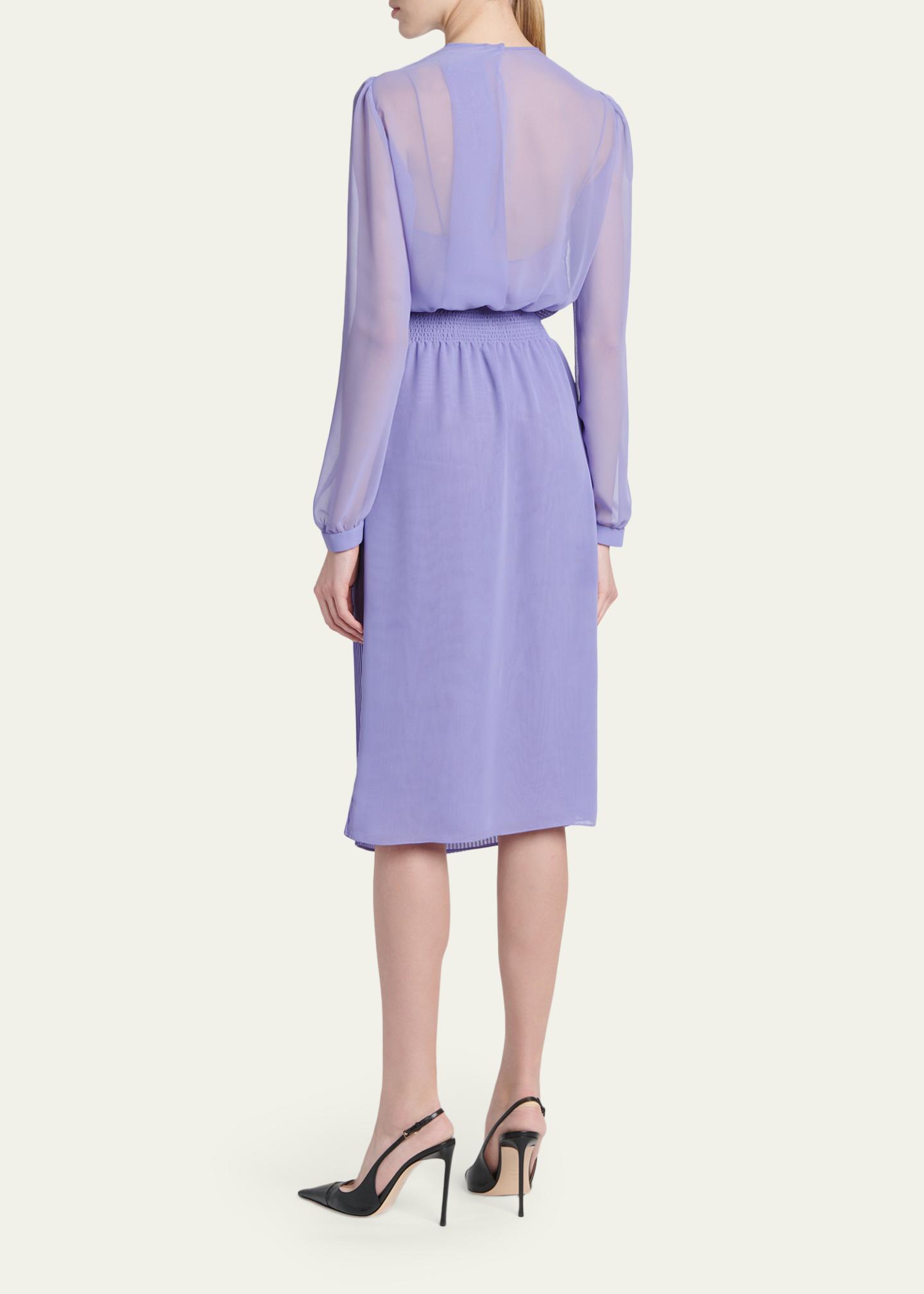 TOM FORD Pervinca Plisse Chiffon Long-Sleeve Midi Dress, Women's, 42