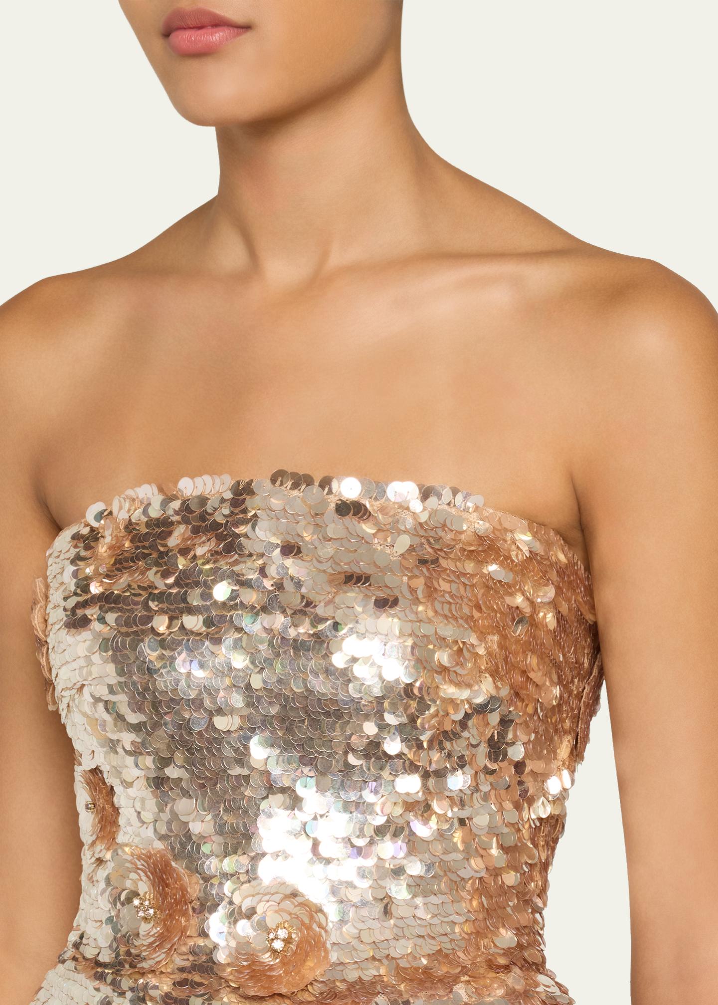 monique lhuillier gold dress Flower Applique Strapless Sequined Mini Gold Multi